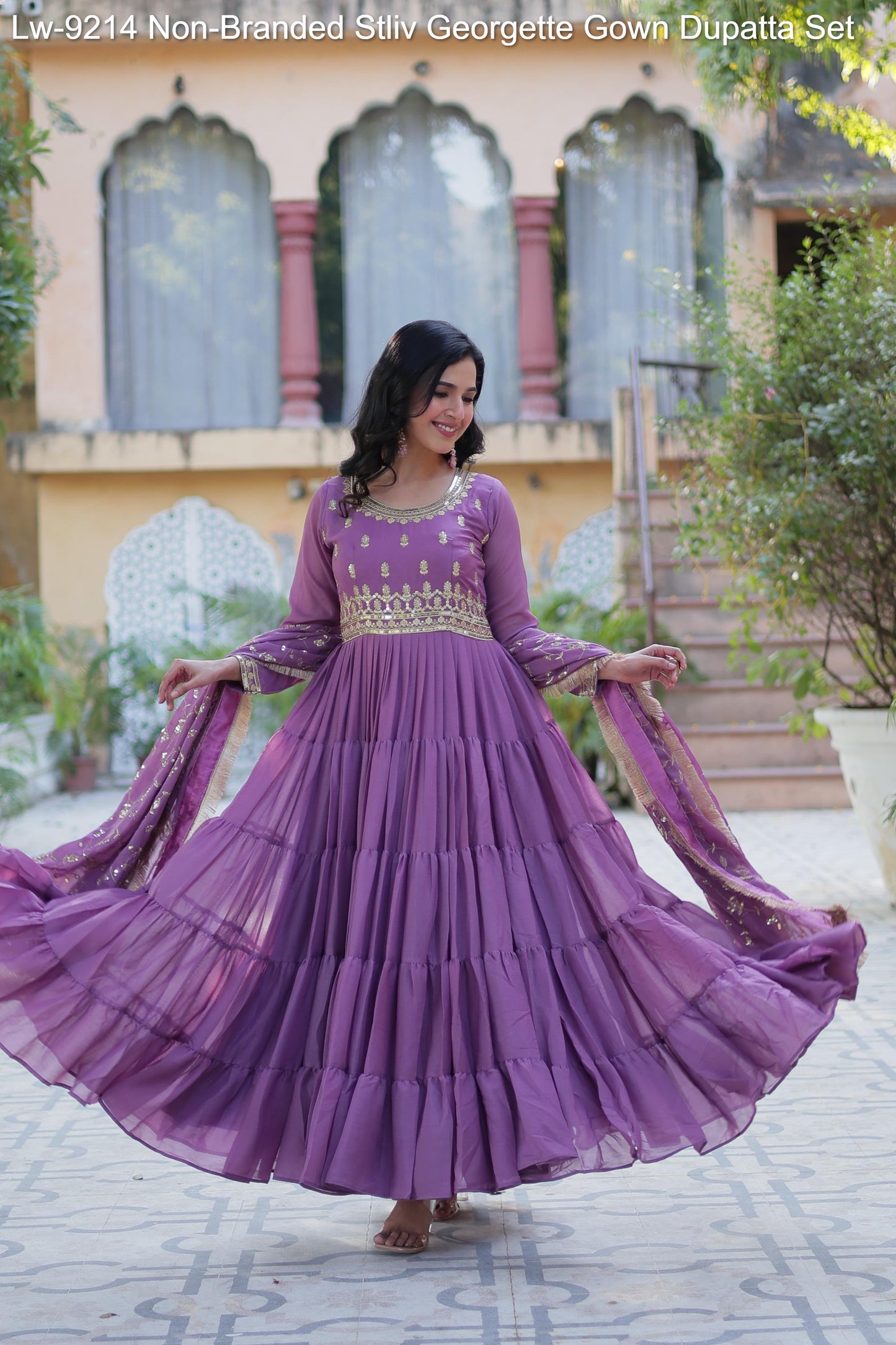 Lw-9214 Non-Branded Stliv Georgette Gown Dupatta Set