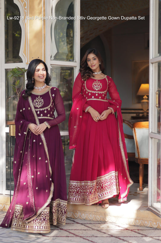 Lw-9218 Red Purple Non-Branded Stliv Georgette Gown Dupatta Set