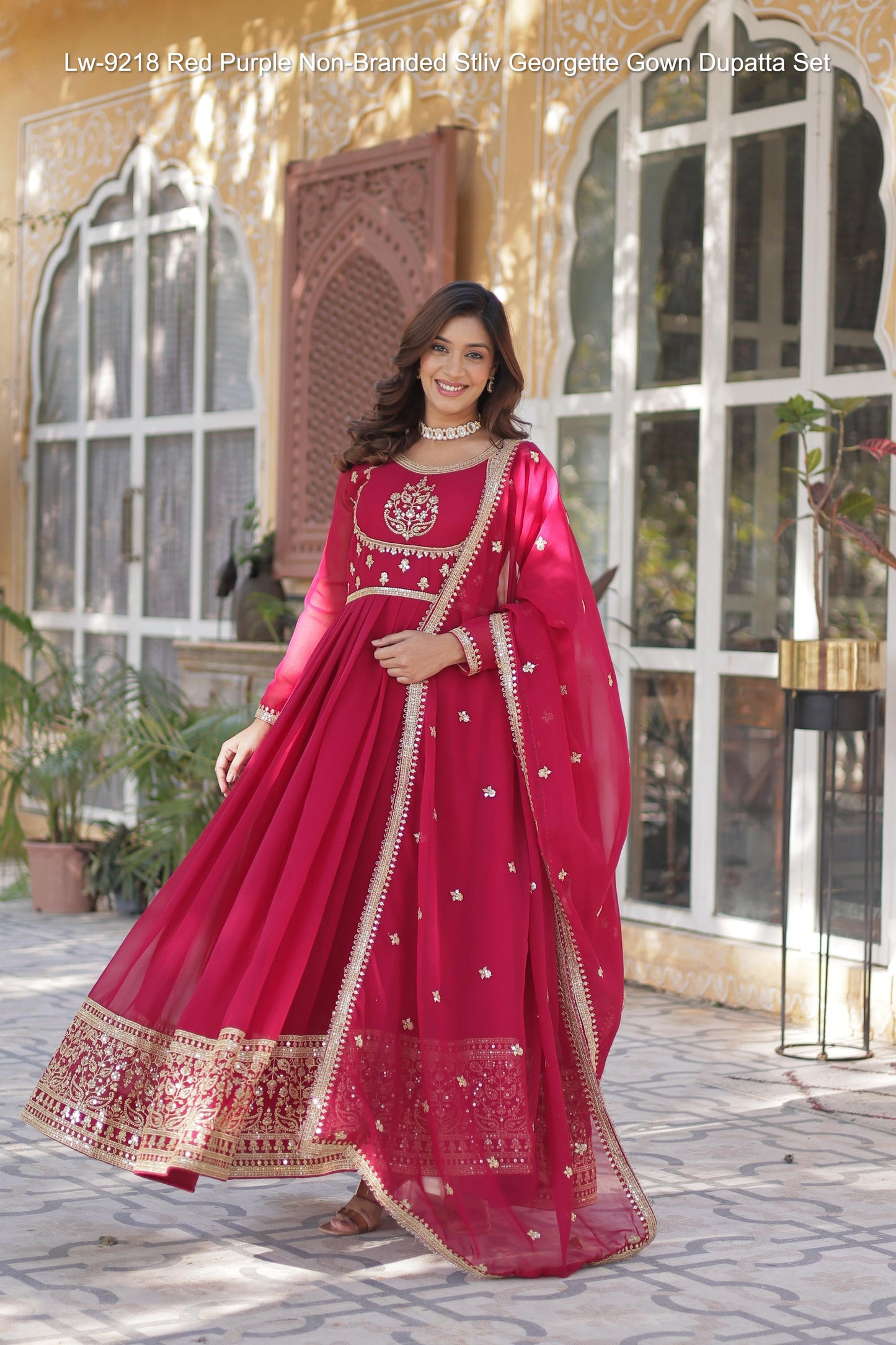 Lw-9218 Red Purple Non-Branded Stliv Georgette Gown Dupatta Set