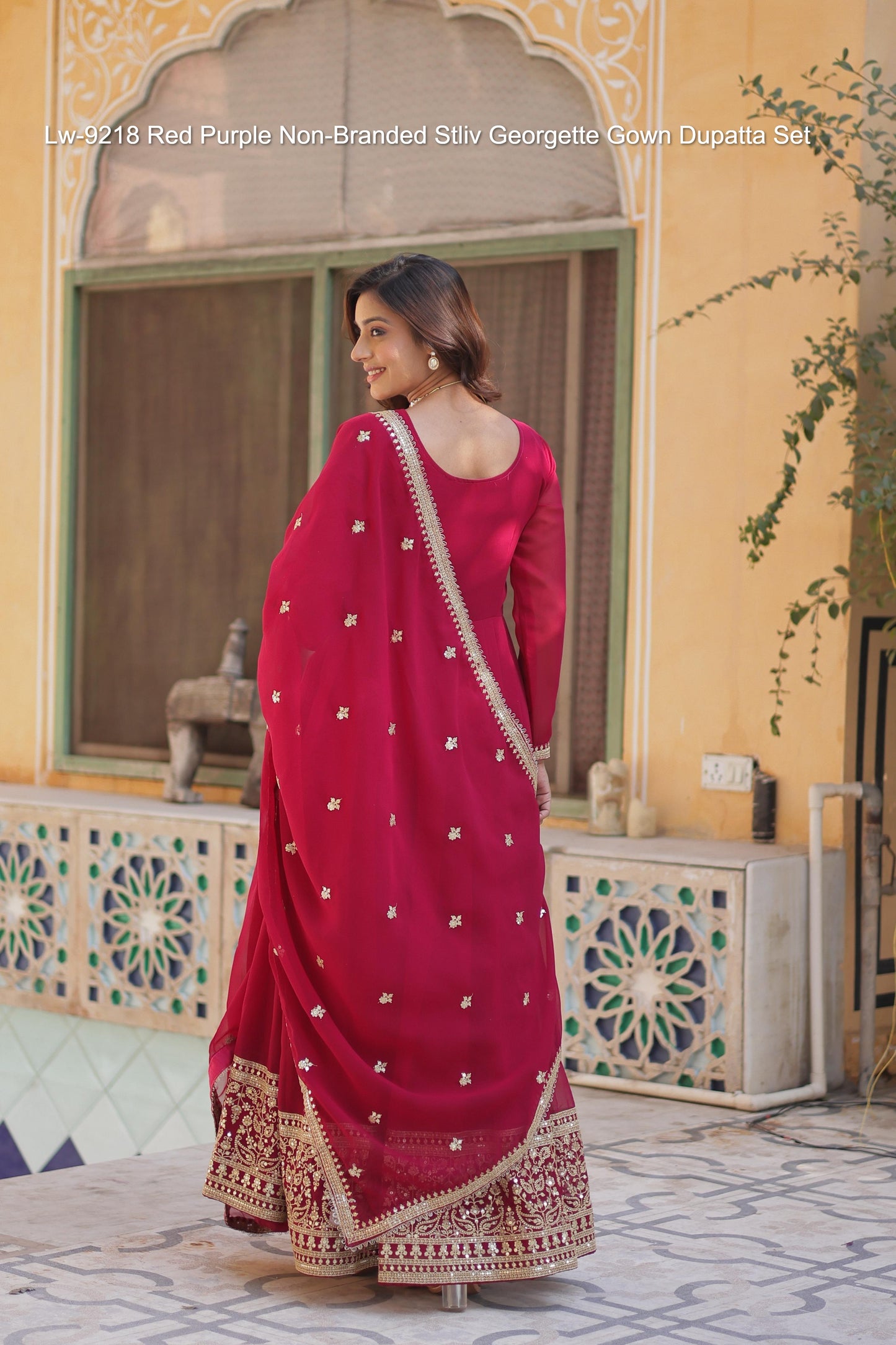 Lw-9218 Red Purple Non-Branded Stliv Georgette Gown Dupatta Set