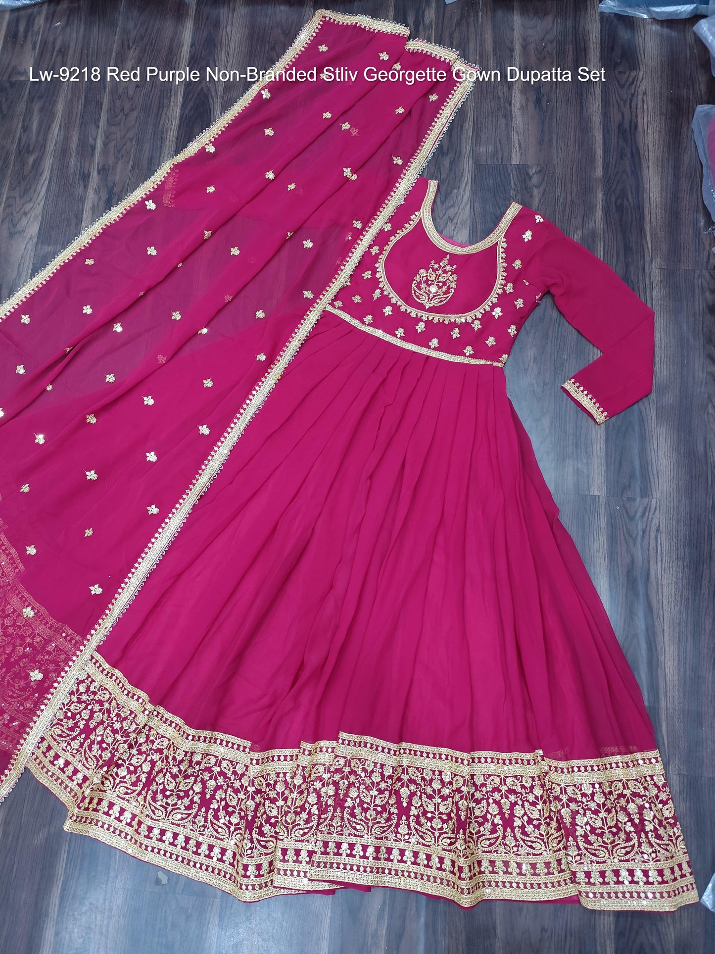 Lw-9218 Red Purple Non-Branded Stliv Georgette Gown Dupatta Set