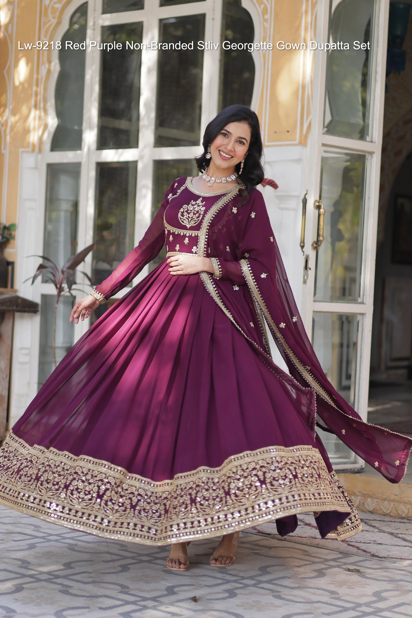 Lw-9218 Red Purple Non-Branded Stliv Georgette Gown Dupatta Set