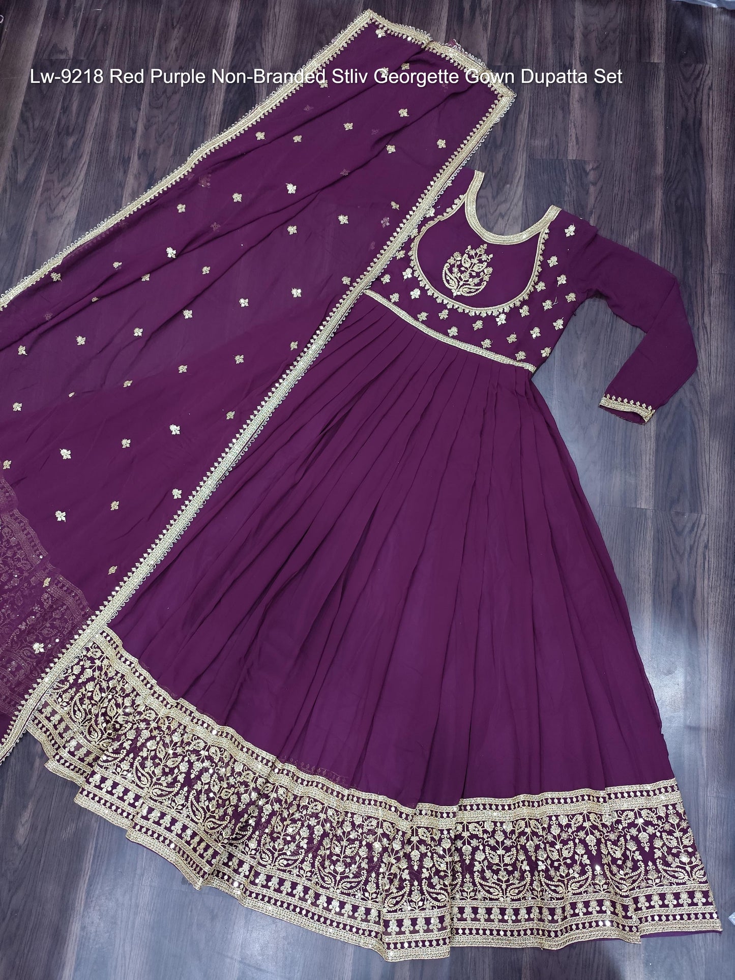 Lw-9218 Red Purple Non-Branded Stliv Georgette Gown Dupatta Set