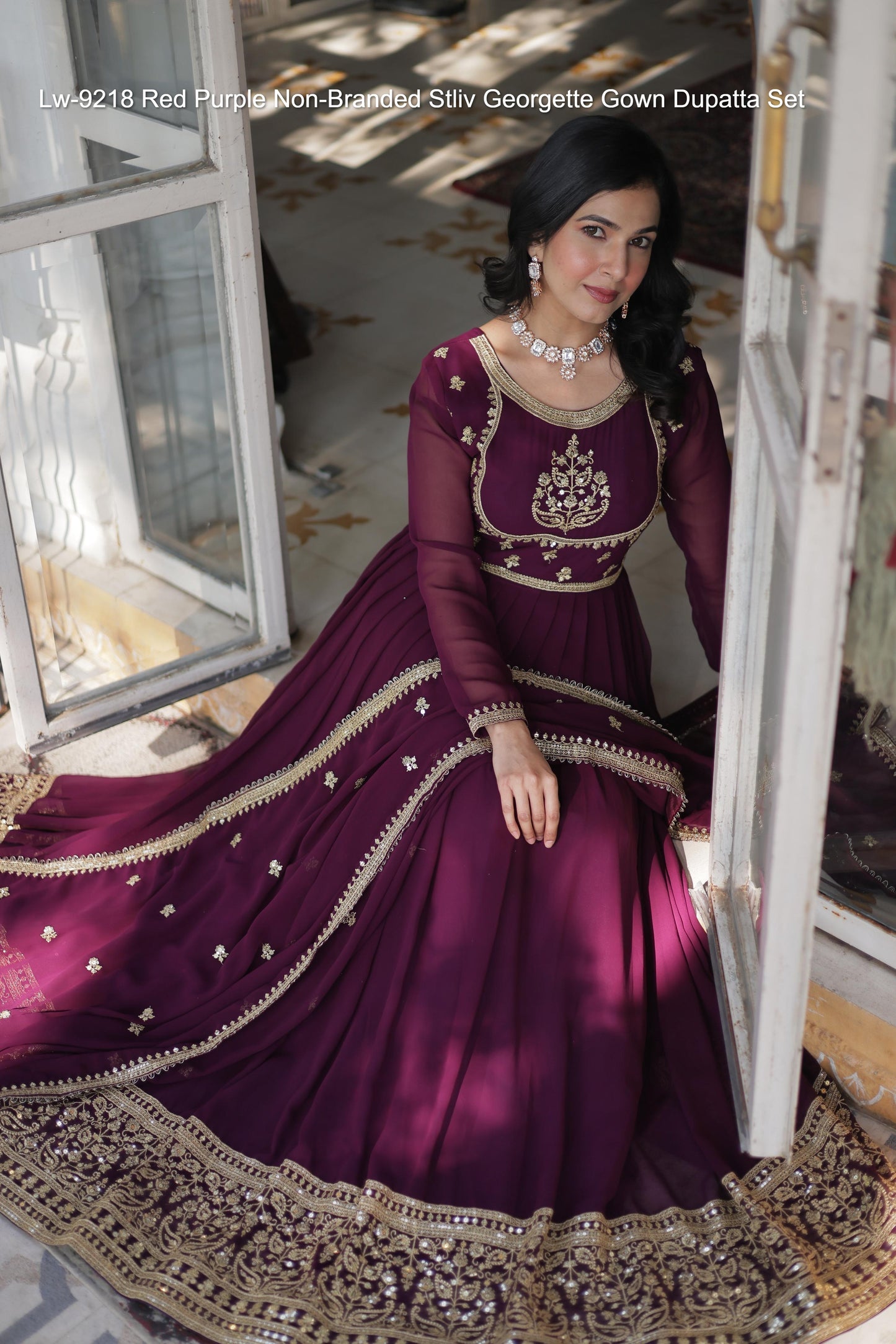 Lw-9218 Red Purple Non-Branded Stliv Georgette Gown Dupatta Set