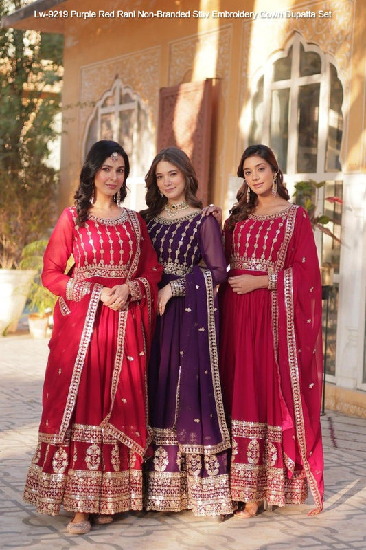 Lw-9219 Purple Red Rani Non-Branded Stliv Embroidery Gown Dupatta Set