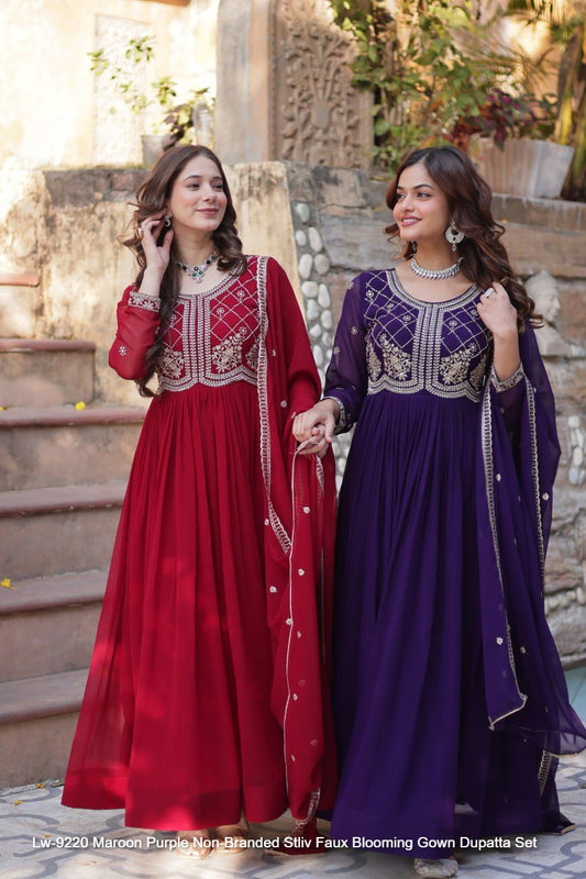 Lw-9220 Maroon Purple Non-Branded Stliv Faux Blooming Gown Dupatta Set