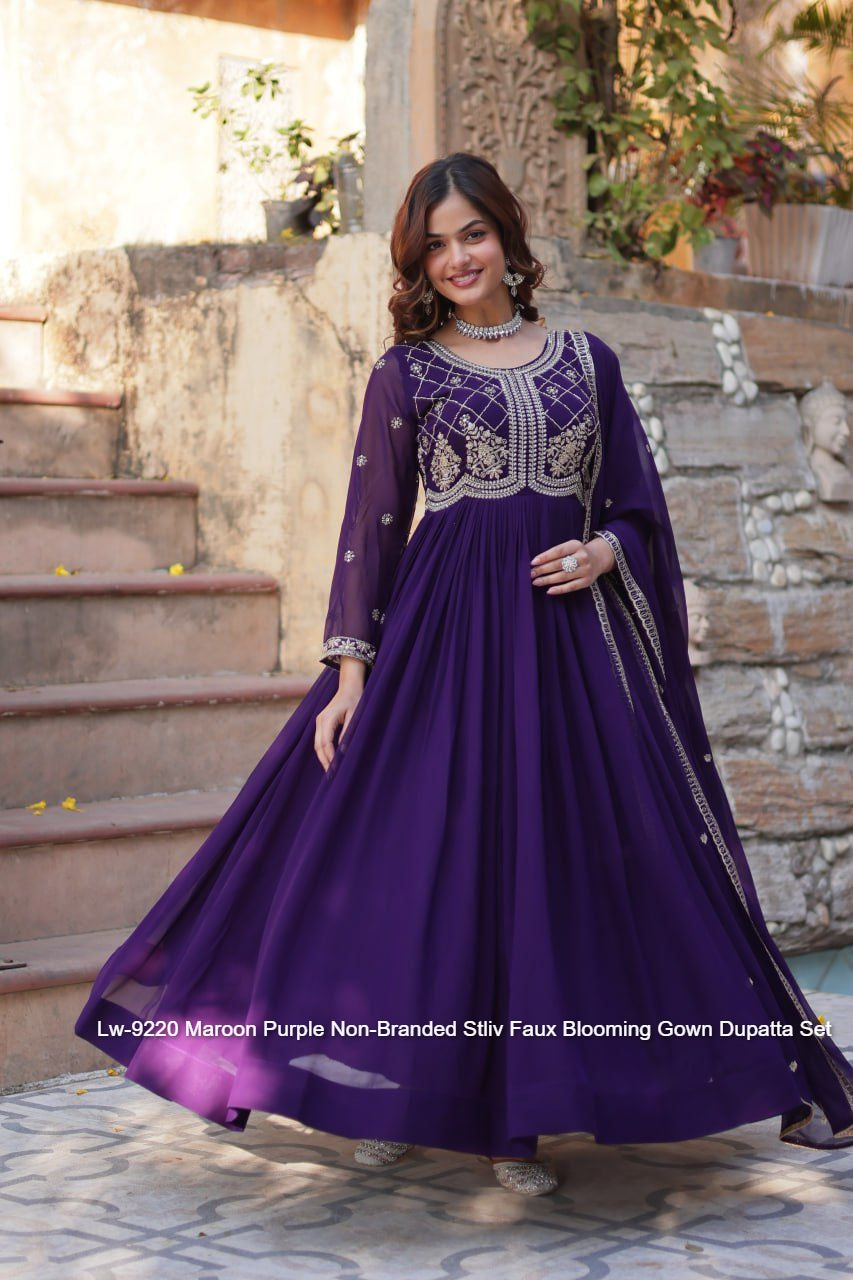 Lw-9220 Maroon Purple Non-Branded Stliv Faux Blooming Gown Dupatta Set