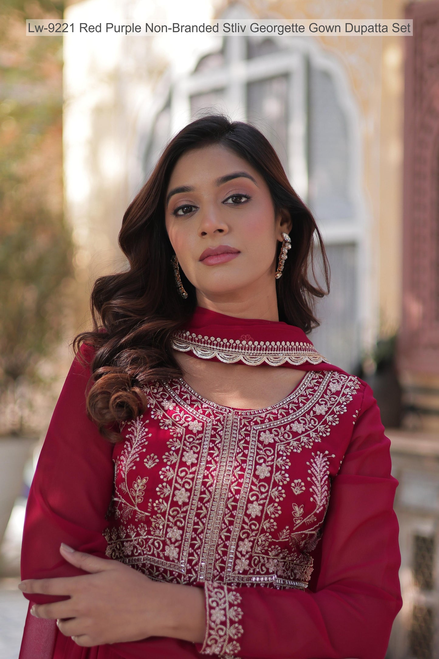 Lw-9221 Red Purple Non-Branded Stliv Georgette Gown Dupatta Set