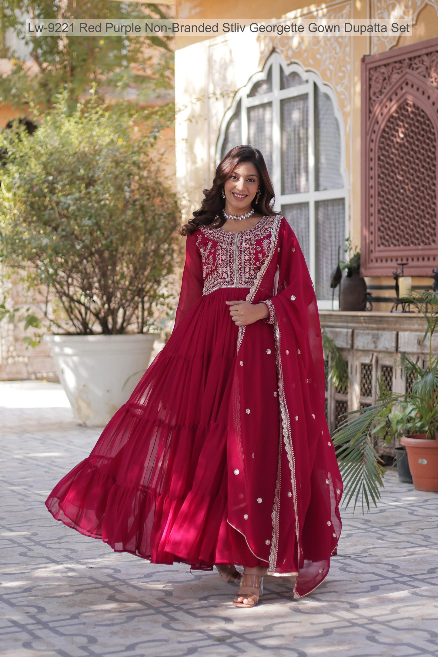 Lw-9221 Red Purple Non-Branded Stliv Georgette Gown Dupatta Set