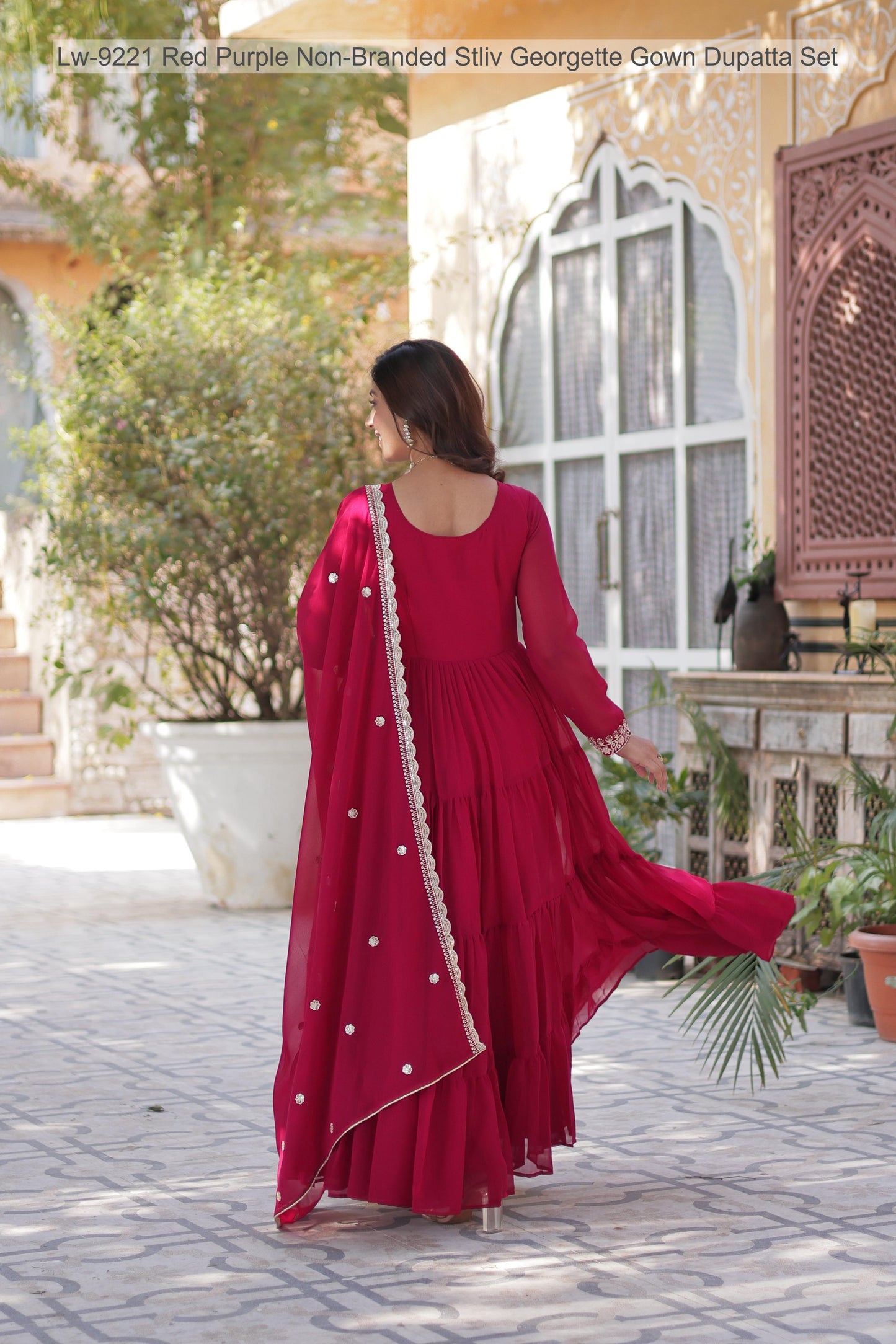 Lw-9221 Red Purple Non-Branded Stliv Georgette Gown Dupatta Set