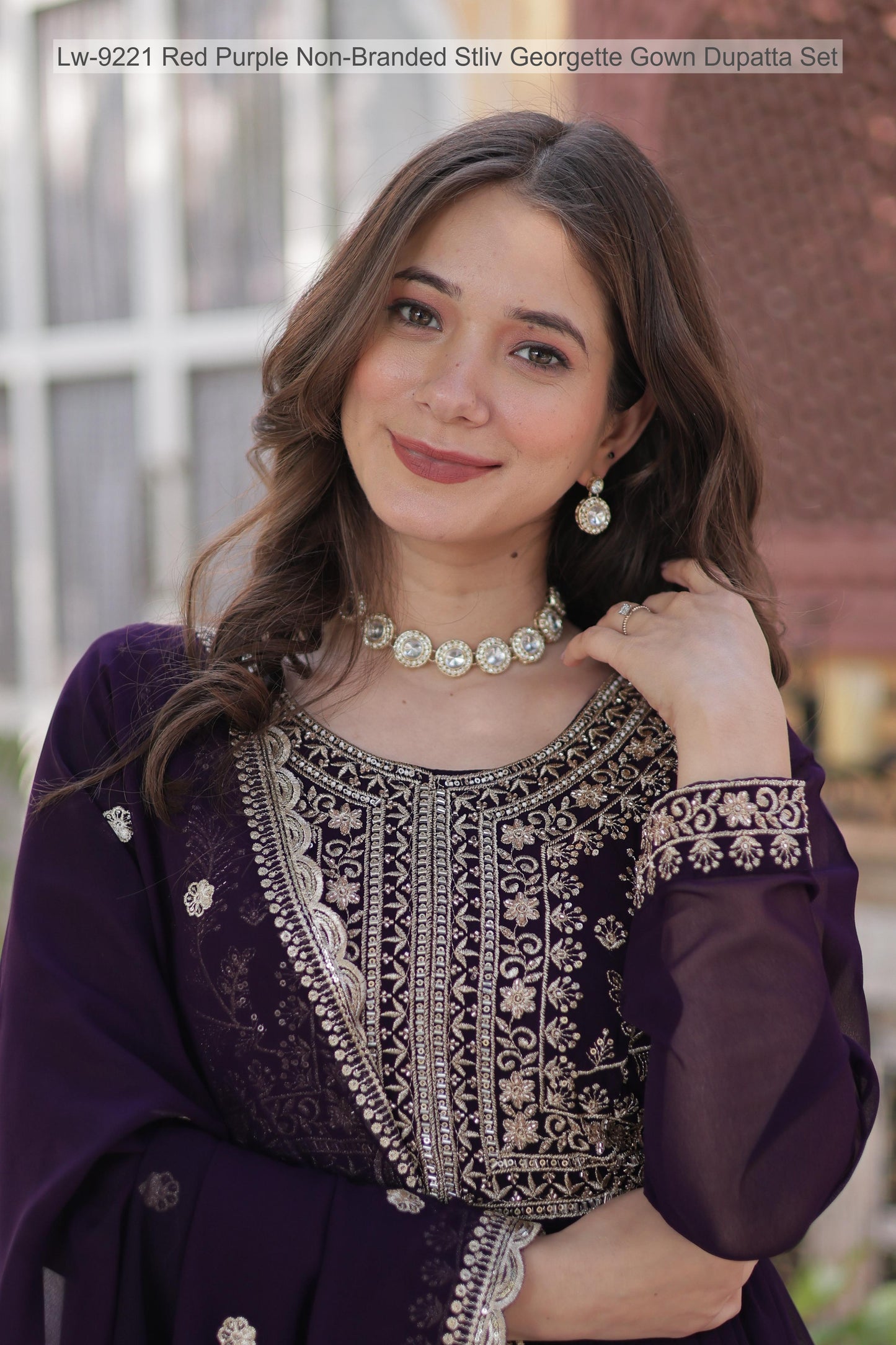 Lw-9221 Red Purple Non-Branded Stliv Georgette Gown Dupatta Set