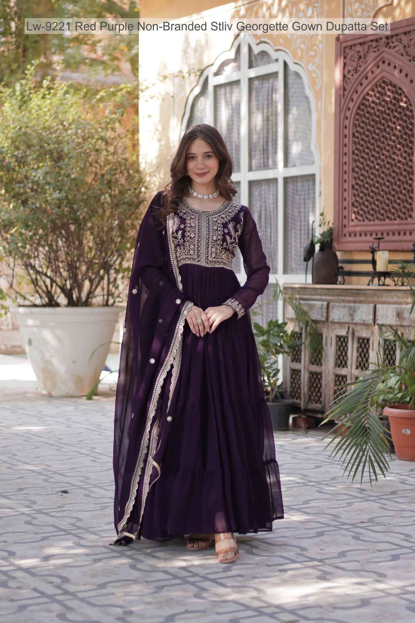 Lw-9221 Red Purple Non-Branded Stliv Georgette Gown Dupatta Set