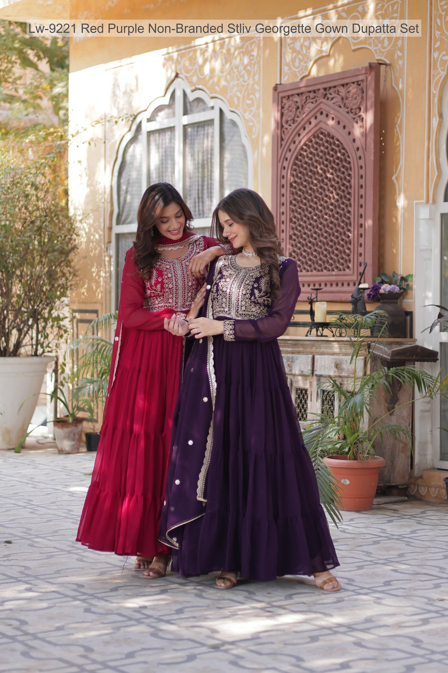 Lw-9221 Red Purple Non-Branded Stliv Georgette Gown Dupatta Set