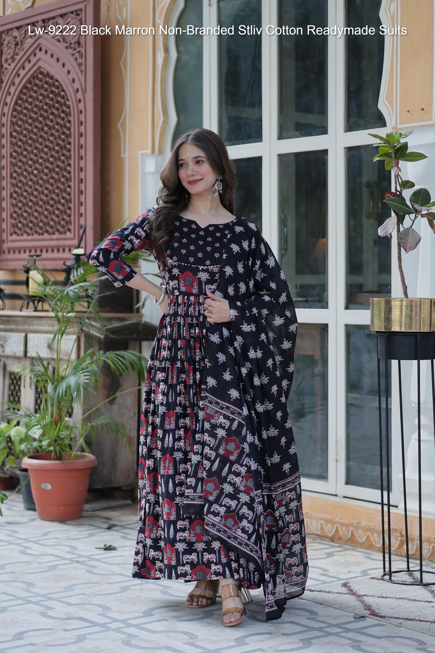 Lw-9222 Black Marron Non-Branded Stliv Cotton Readymade Suits