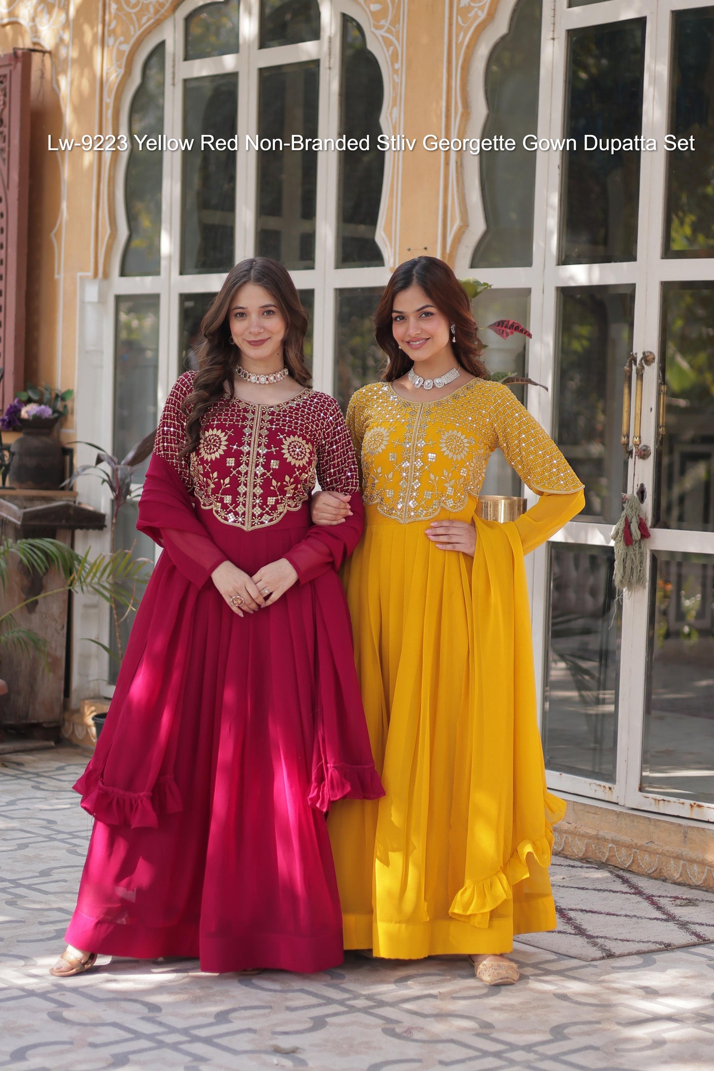Lw-9223 Yellow Red Non-Branded Stliv Georgette Gown Dupatta Set