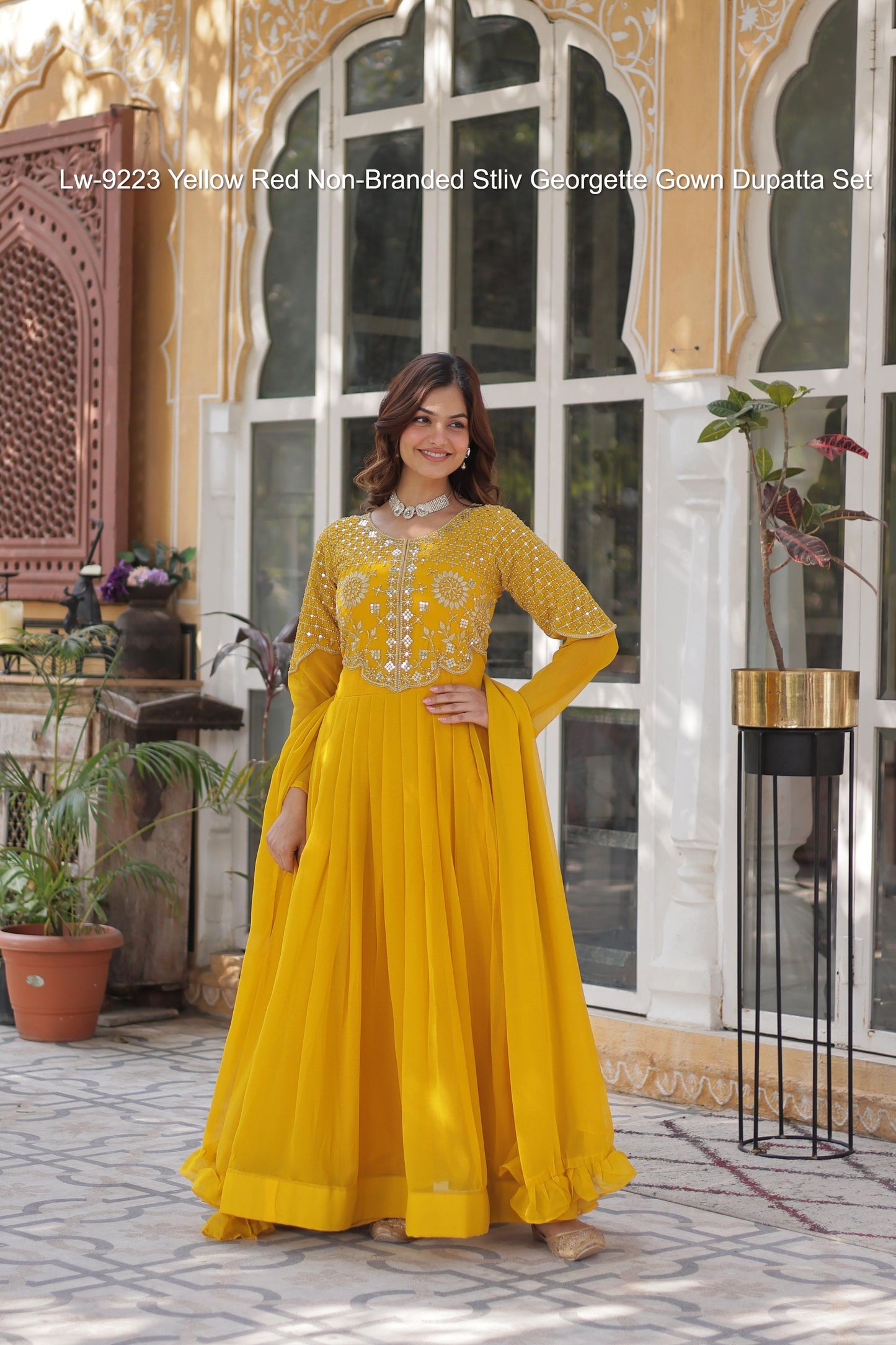 Lw-9223 Yellow Red Non-Branded Stliv Georgette Gown Dupatta Set