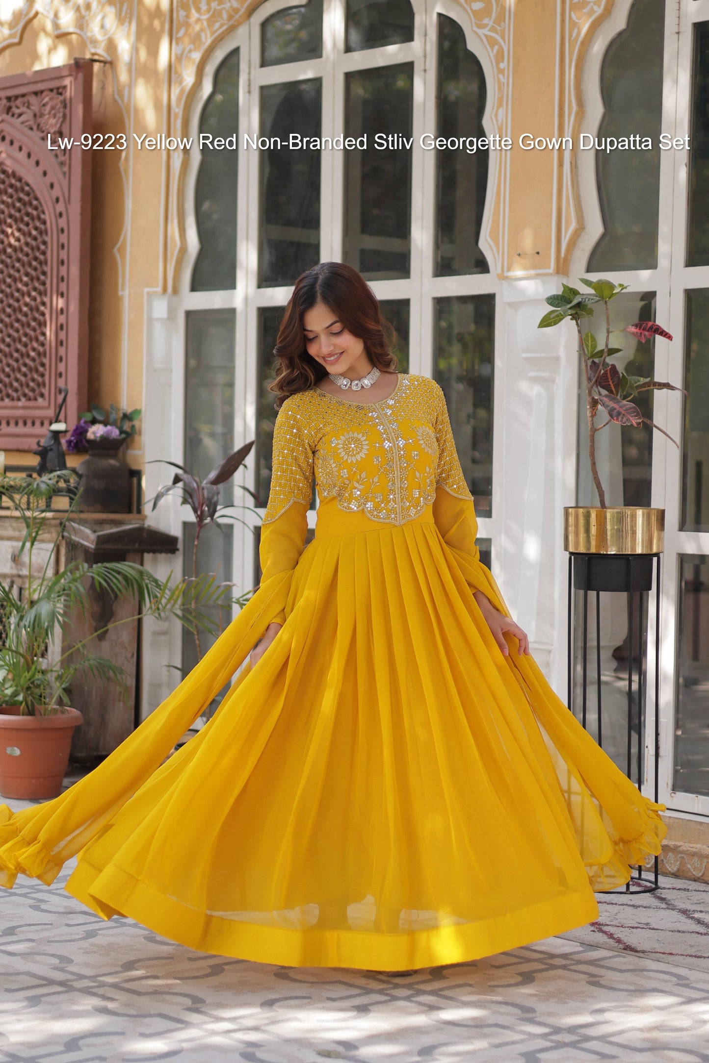 Lw-9223 Yellow Red Non-Branded Stliv Georgette Gown Dupatta Set