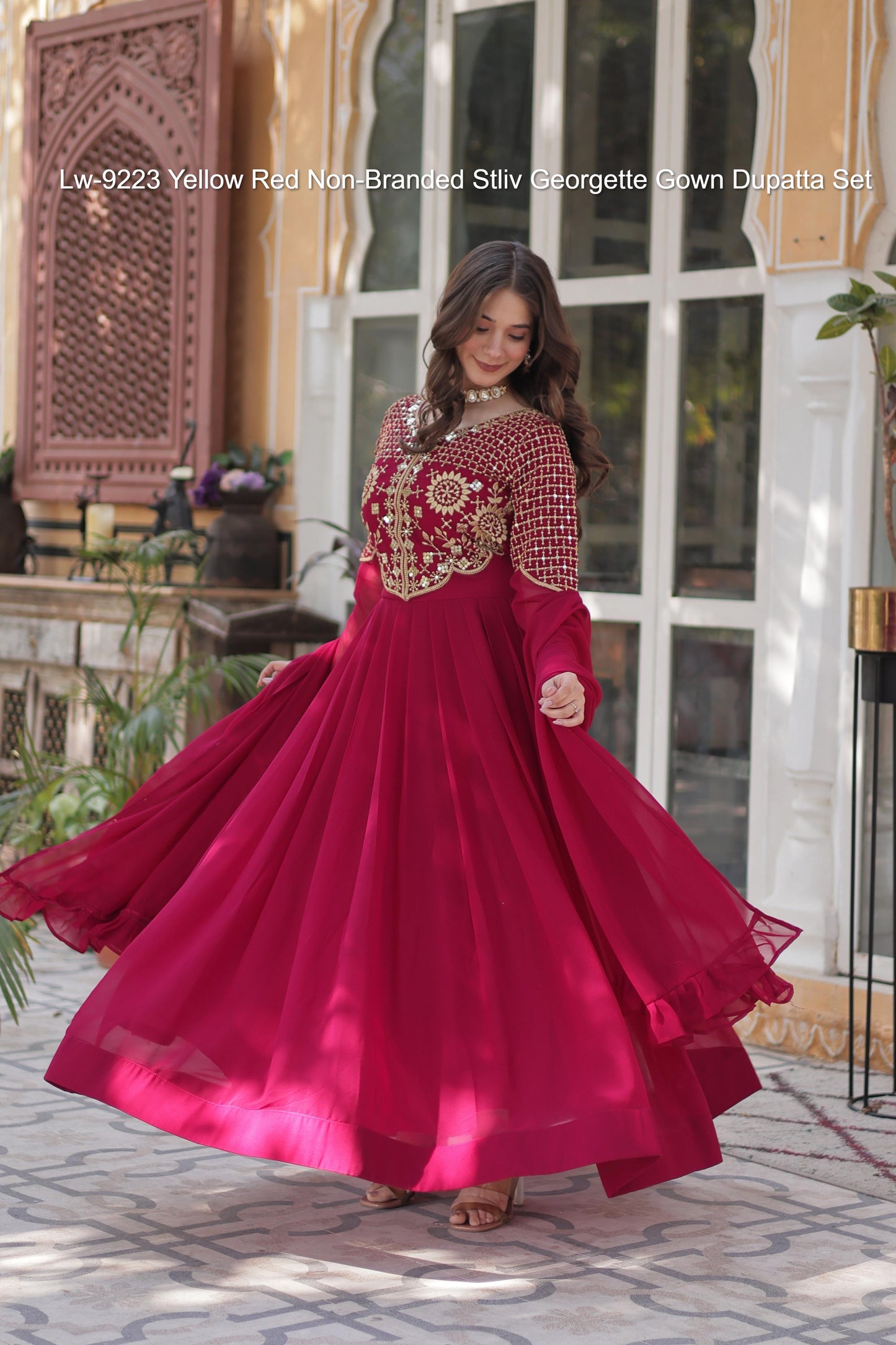 Lw-9223 Yellow Red Non-Branded Stliv Georgette Gown Dupatta Set