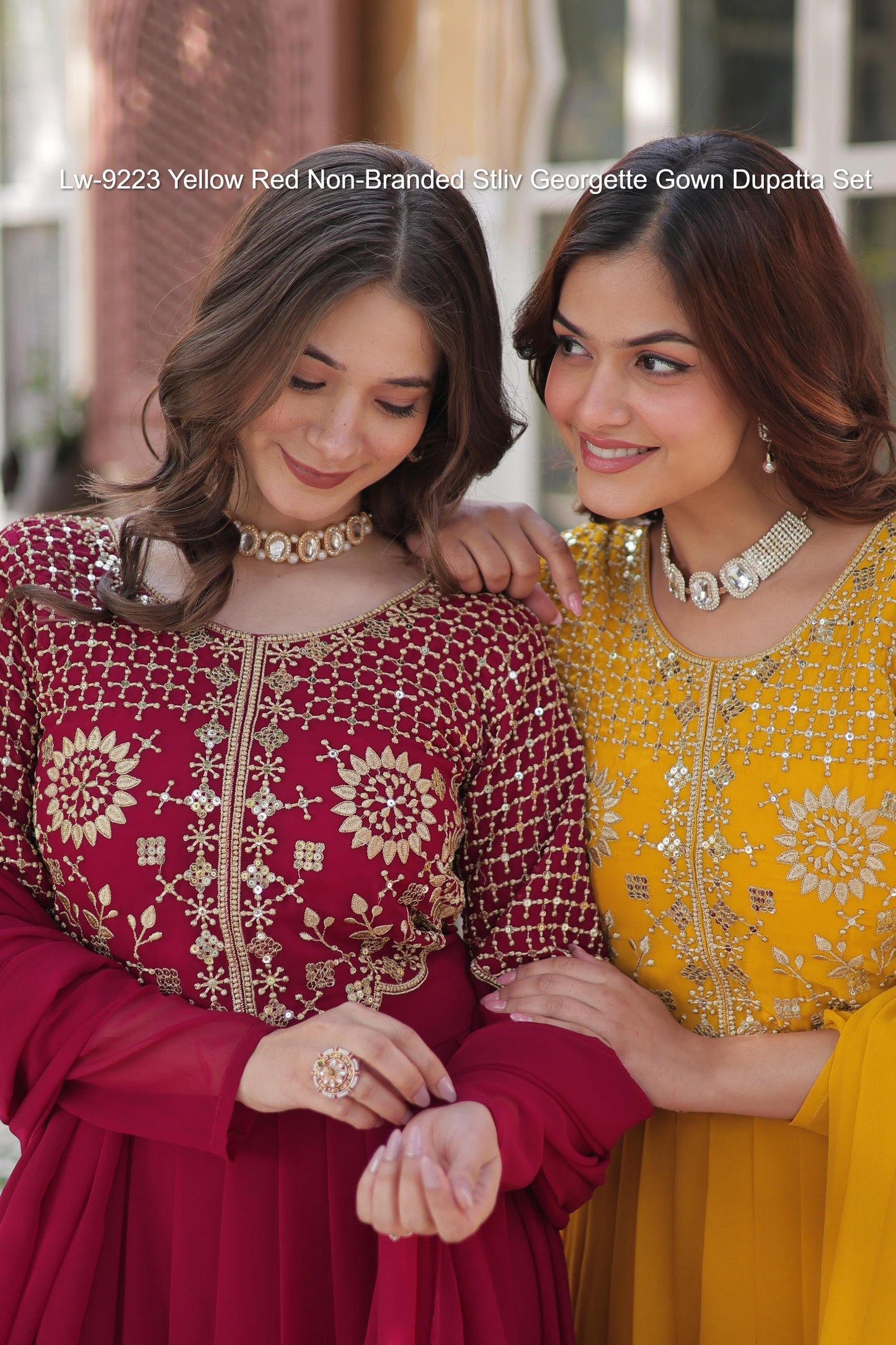 Lw-9223 Yellow Red Non-Branded Stliv Georgette Gown Dupatta Set