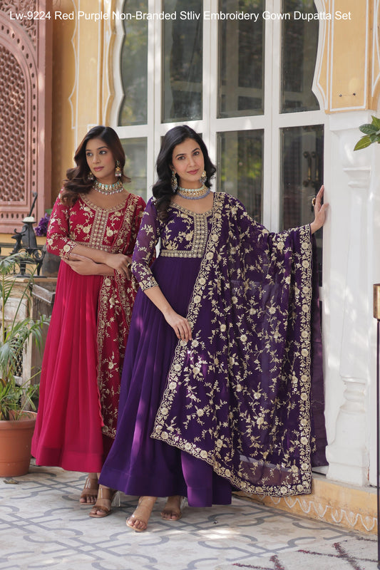 Lw-9224 Red Purple Non-Branded Stliv Embroidery Gown Dupatta Set