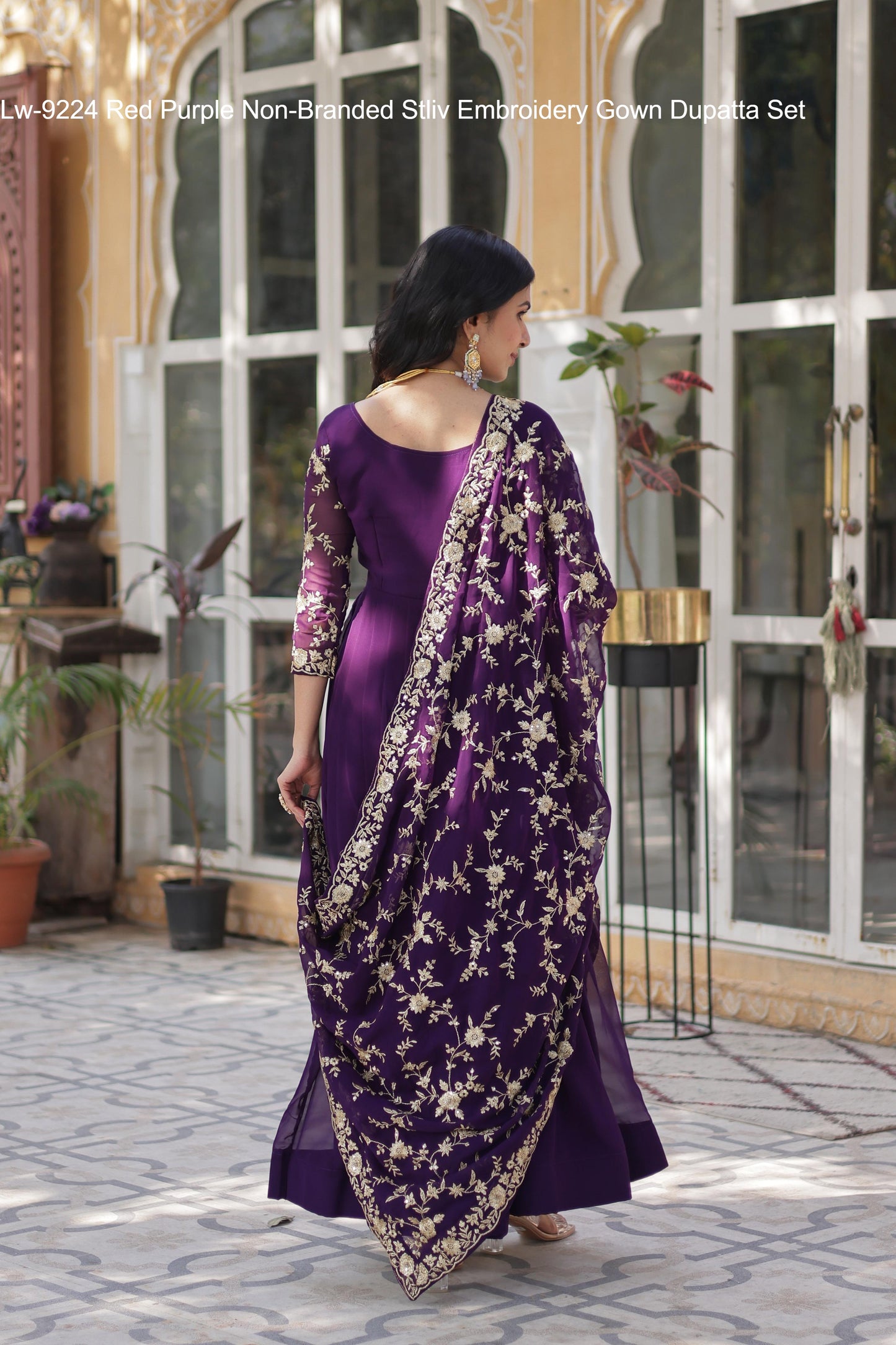 Lw-9224 Red Purple Non-Branded Stliv Embroidery Gown Dupatta Set