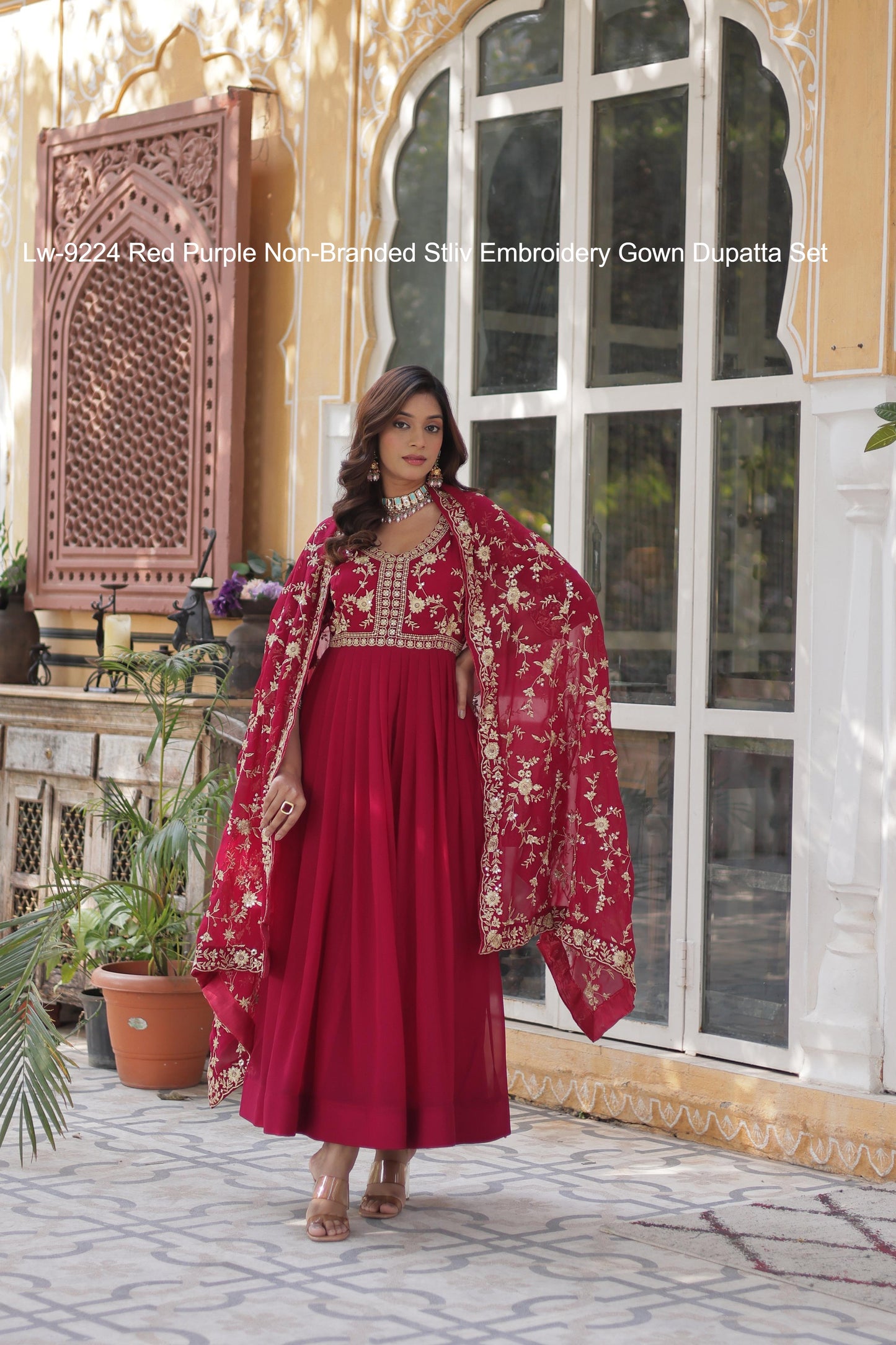 Lw-9224 Red Purple Non-Branded Stliv Embroidery Gown Dupatta Set