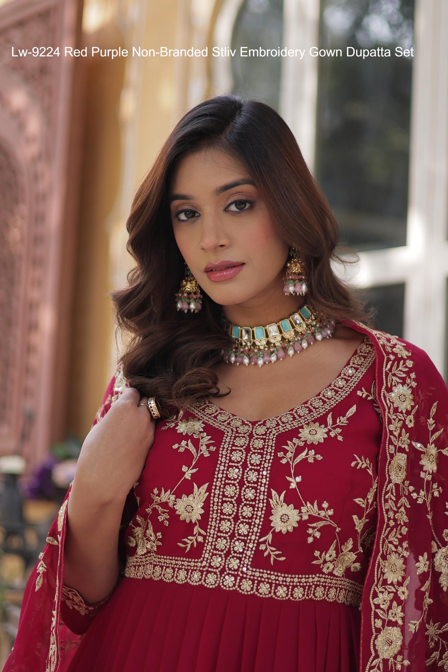 Lw-9224 Red Purple Non-Branded Stliv Embroidery Gown Dupatta Set