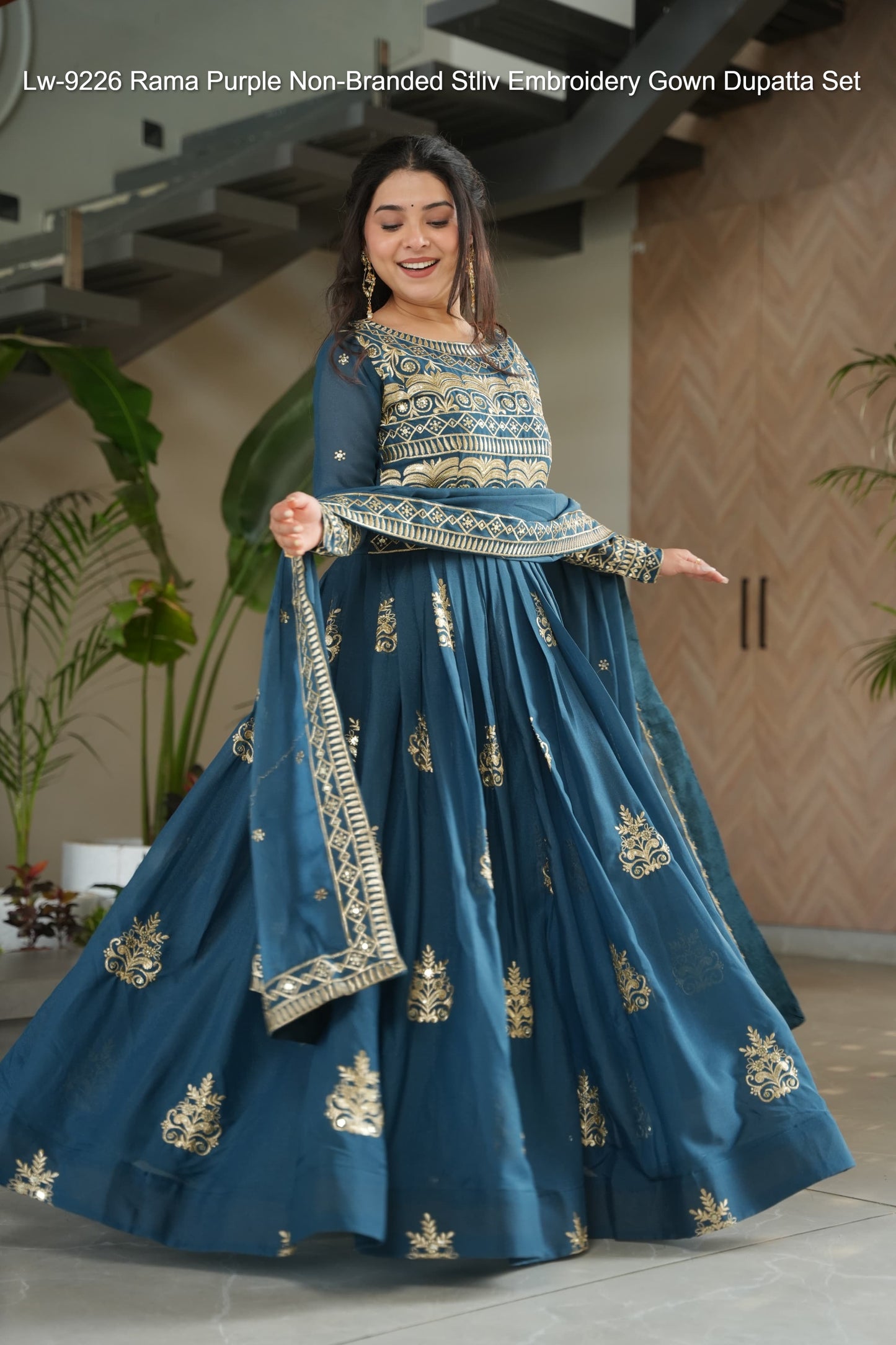 Lw-9226 Rama Purple Non-Branded Stliv Embroidery Gown Dupatta Set