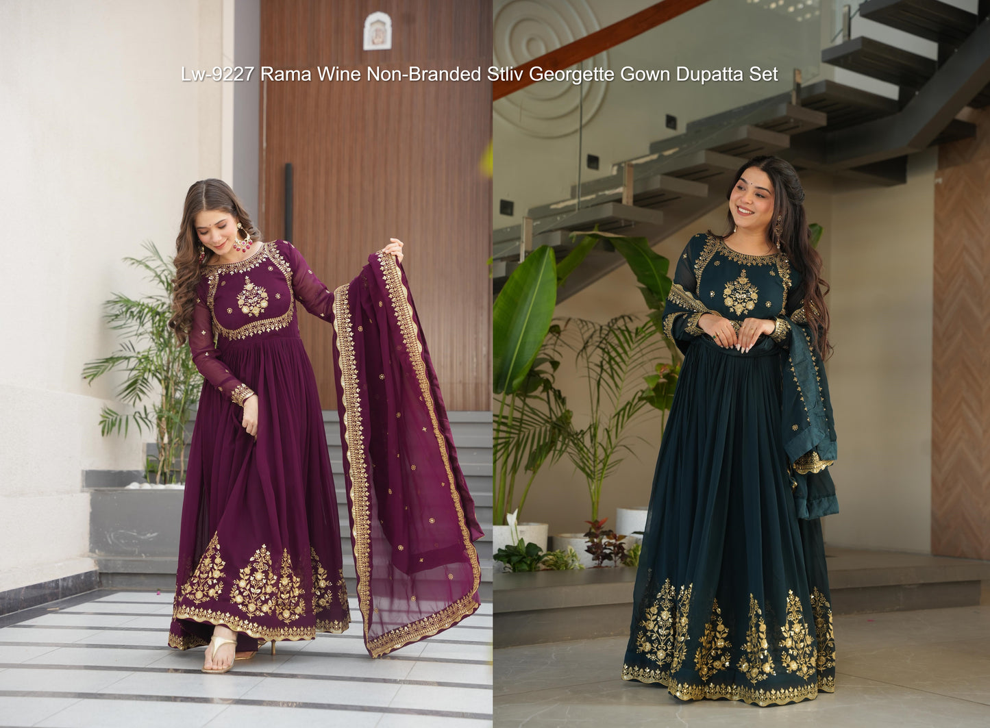 Lw-9227 Rama Wine Non-Branded Stliv Georgette Gown Dupatta Set