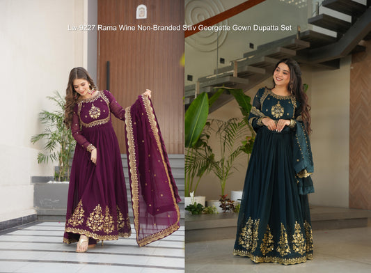 Lw-9227 Rama Wine Non-Branded Stliv Georgette Gown Dupatta Set