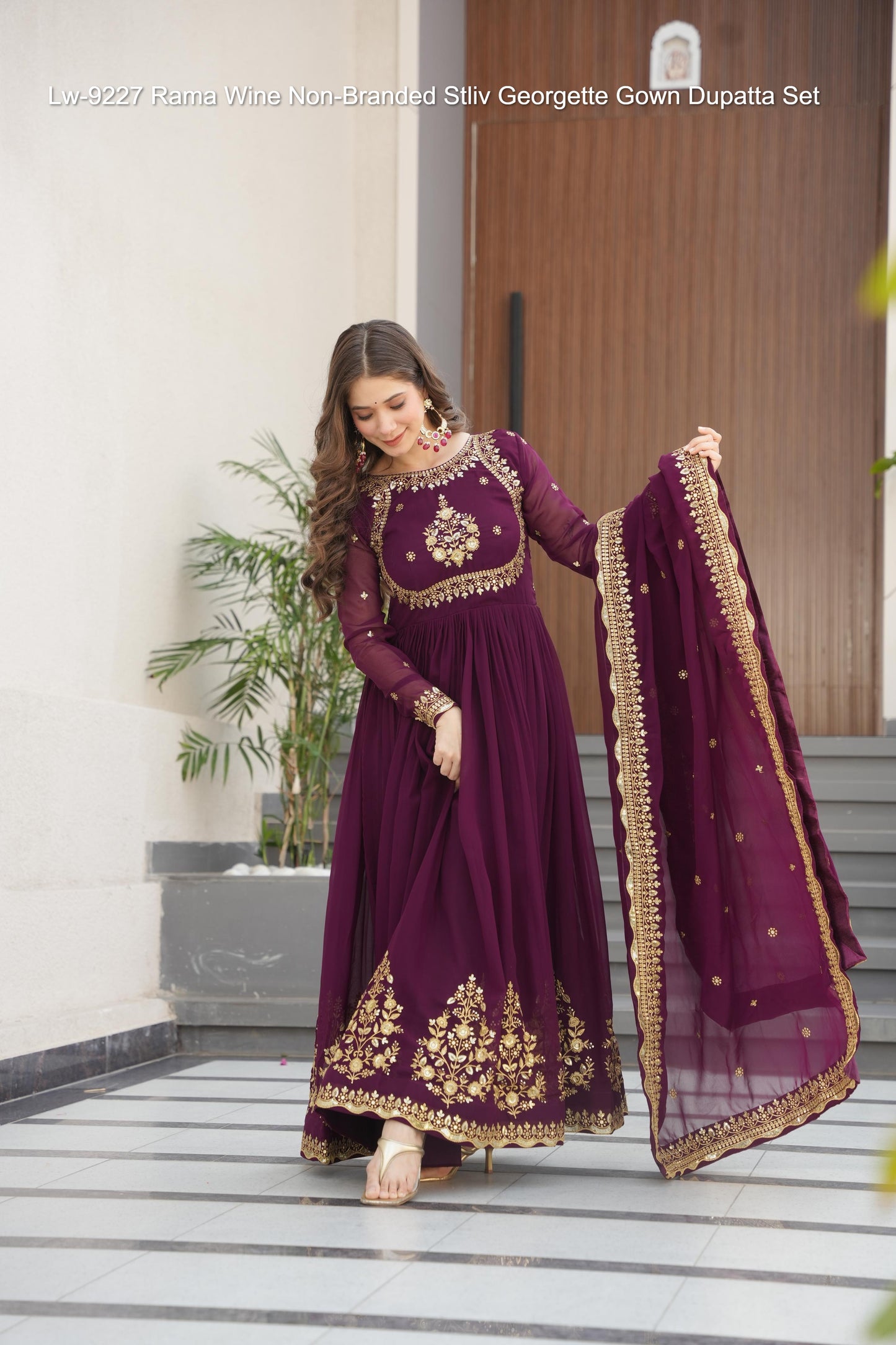 Lw-9227 Rama Wine Non-Branded Stliv Georgette Gown Dupatta Set