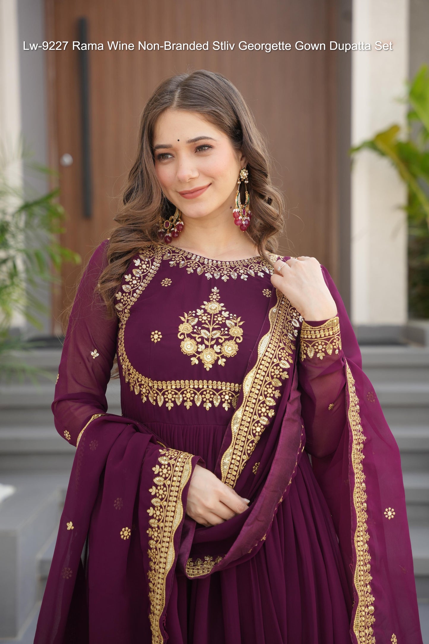 Lw-9227 Rama Wine Non-Branded Stliv Georgette Gown Dupatta Set