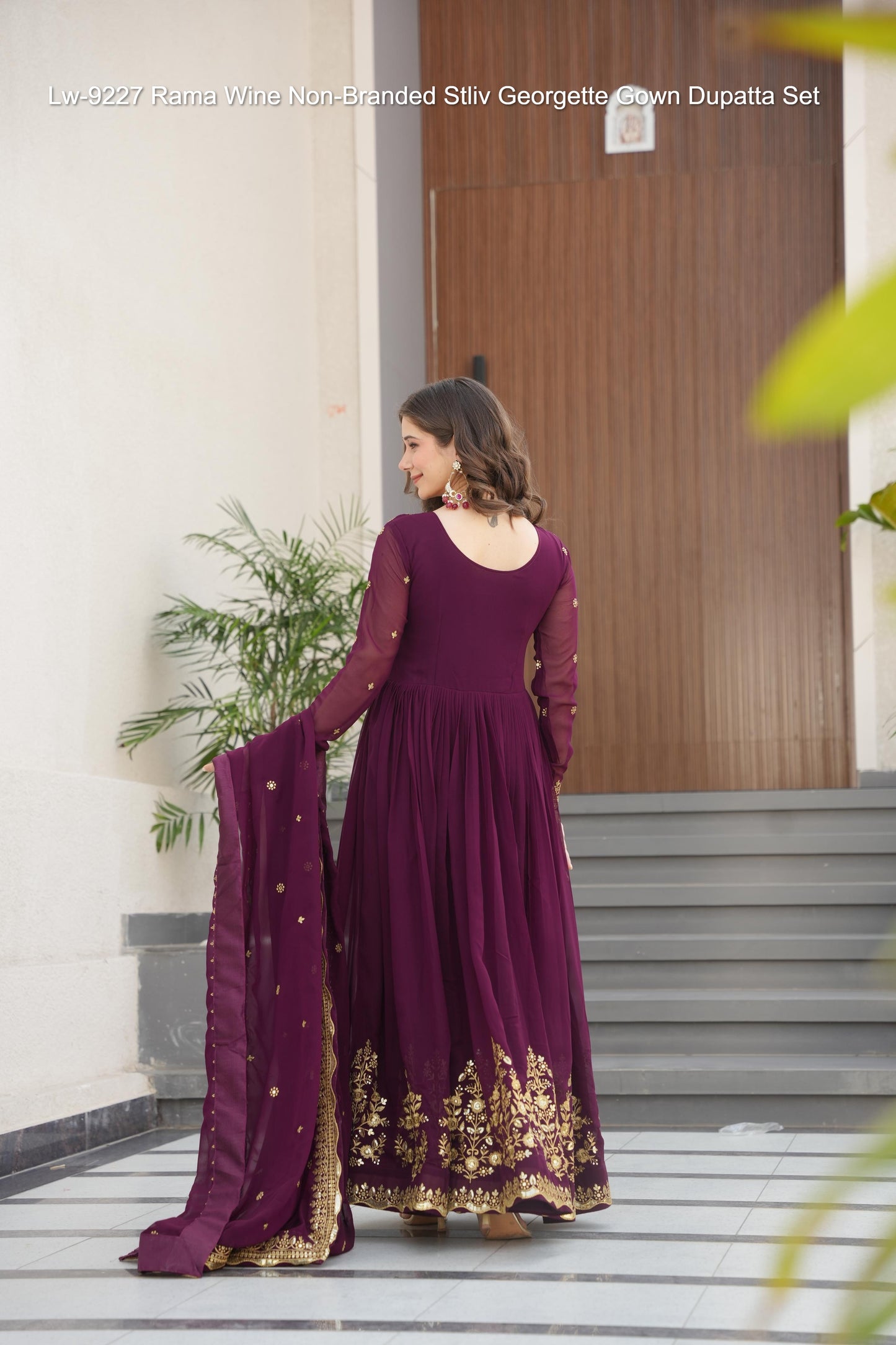 Lw-9227 Rama Wine Non-Branded Stliv Georgette Gown Dupatta Set