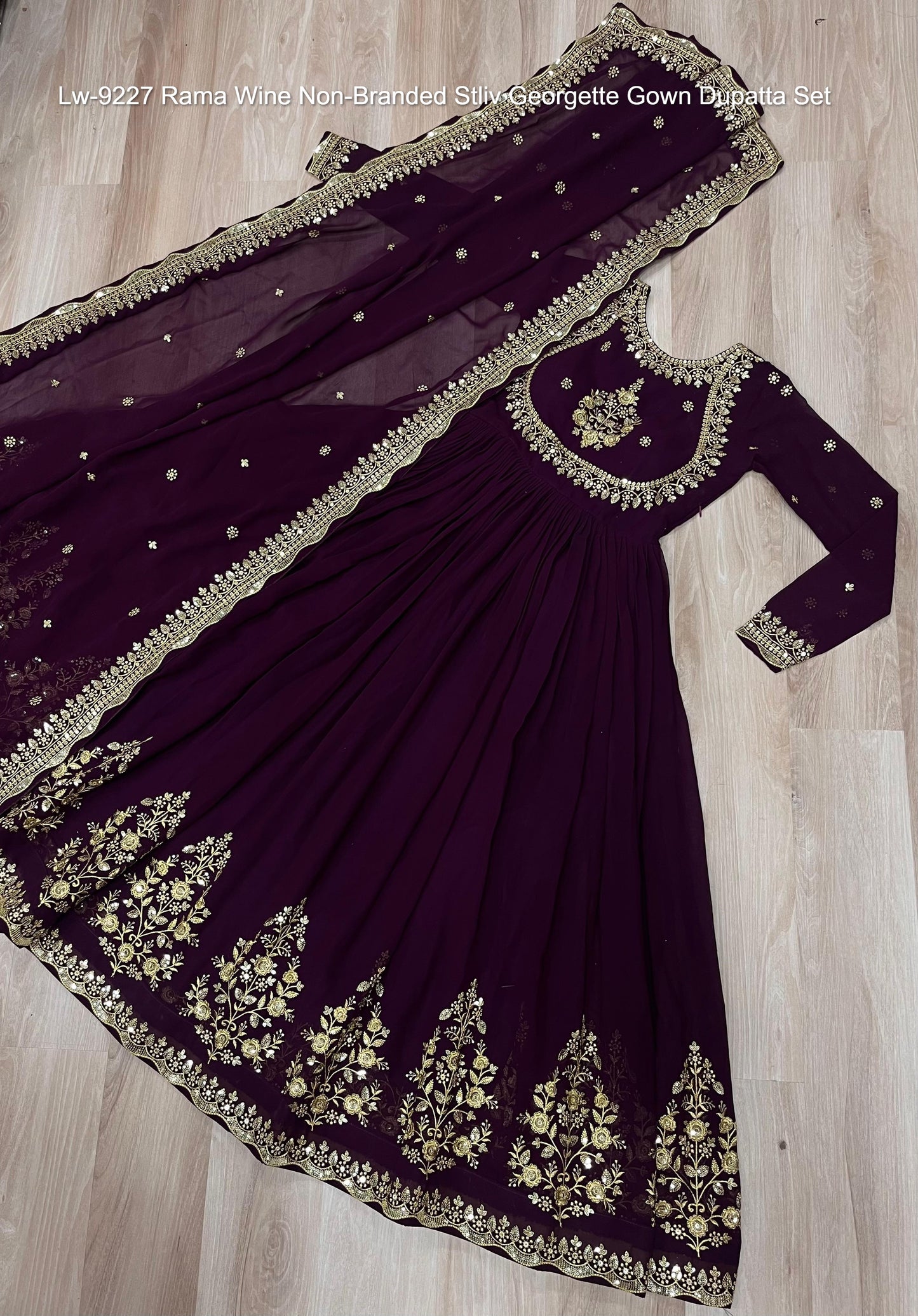 Lw-9227 Rama Wine Non-Branded Stliv Georgette Gown Dupatta Set