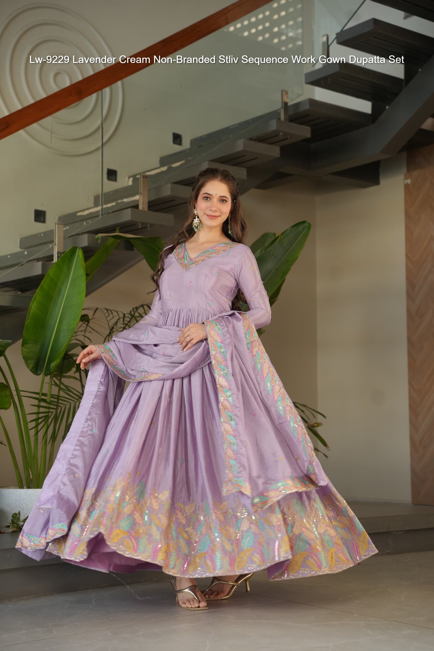 Lw-9229 Lavender Cream Non-Branded Stliv Sequence Work Gown Dupatta Set