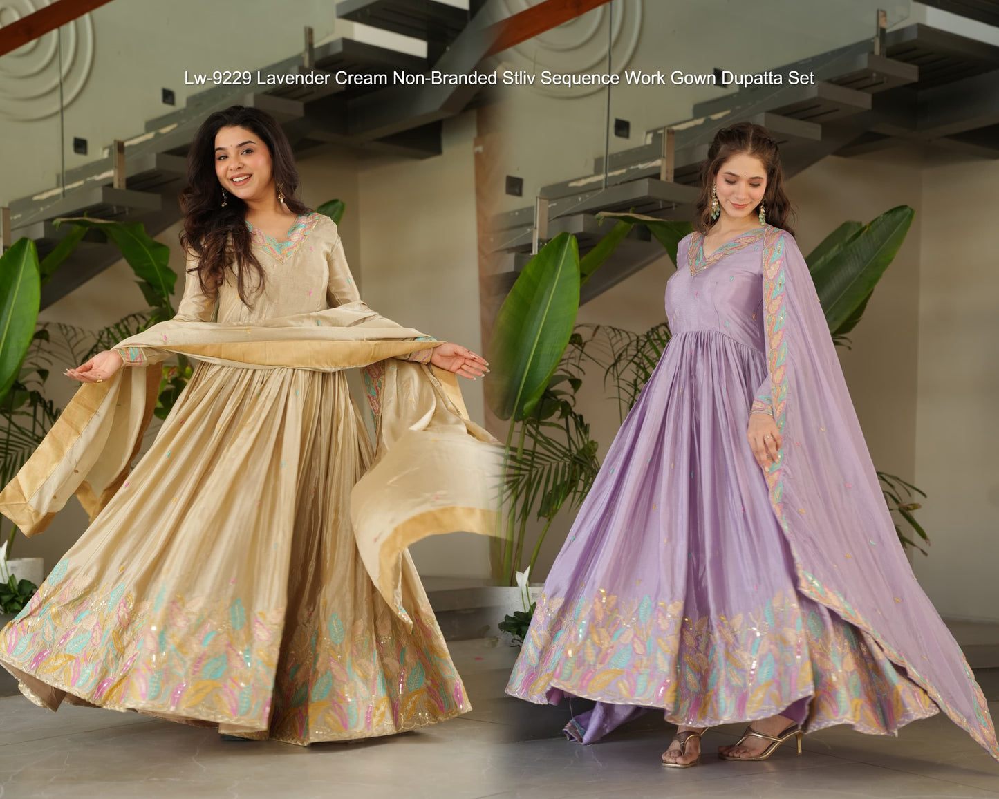 Lw-9229 Lavender Cream Non-Branded Stliv Sequence Work Gown Dupatta Set