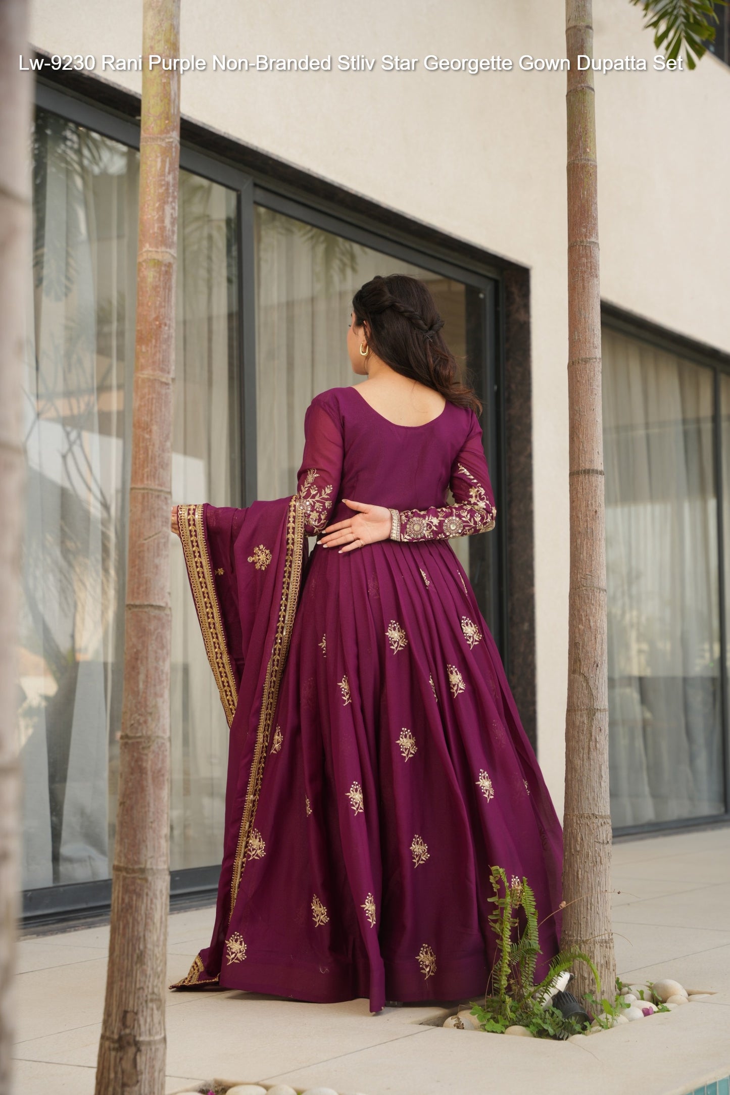 Lw-9230 Rani Purple Non-Branded Stliv Star Georgette Gown Dupatta Set