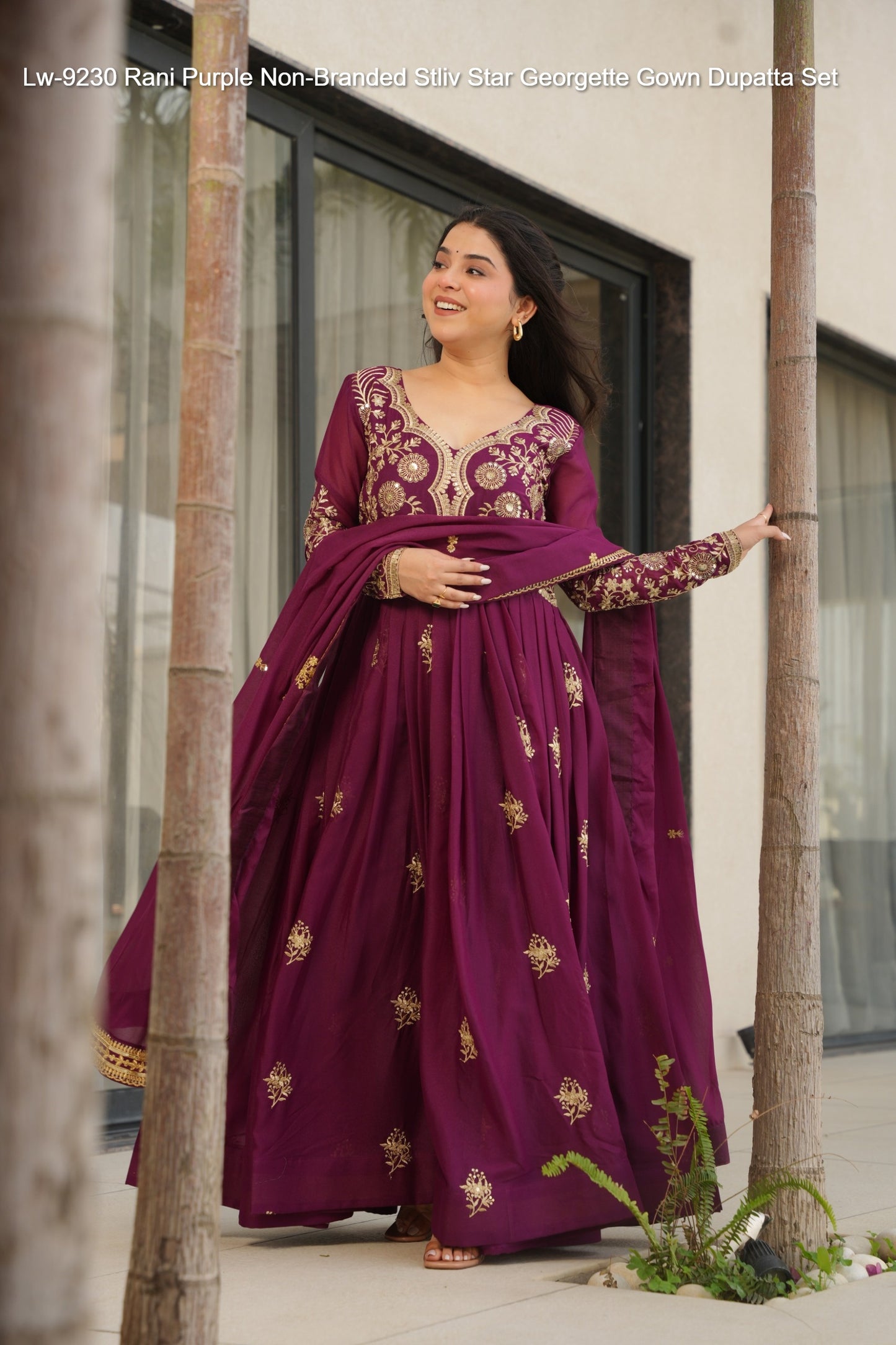 Lw-9230 Rani Purple Non-Branded Stliv Star Georgette Gown Dupatta Set