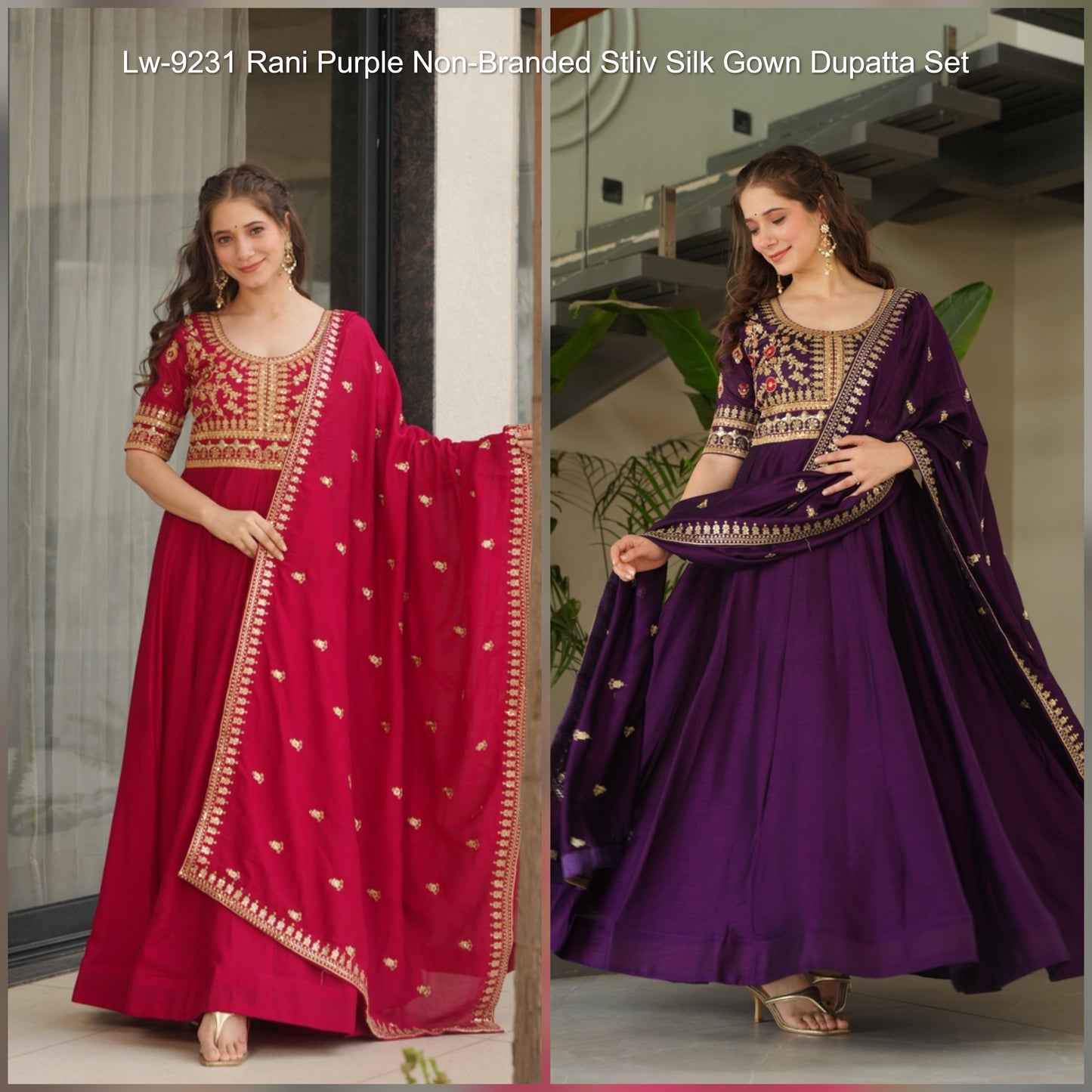 Lw-9231 Rani Purple Non-Branded Stliv Silk Gown Dupatta Set