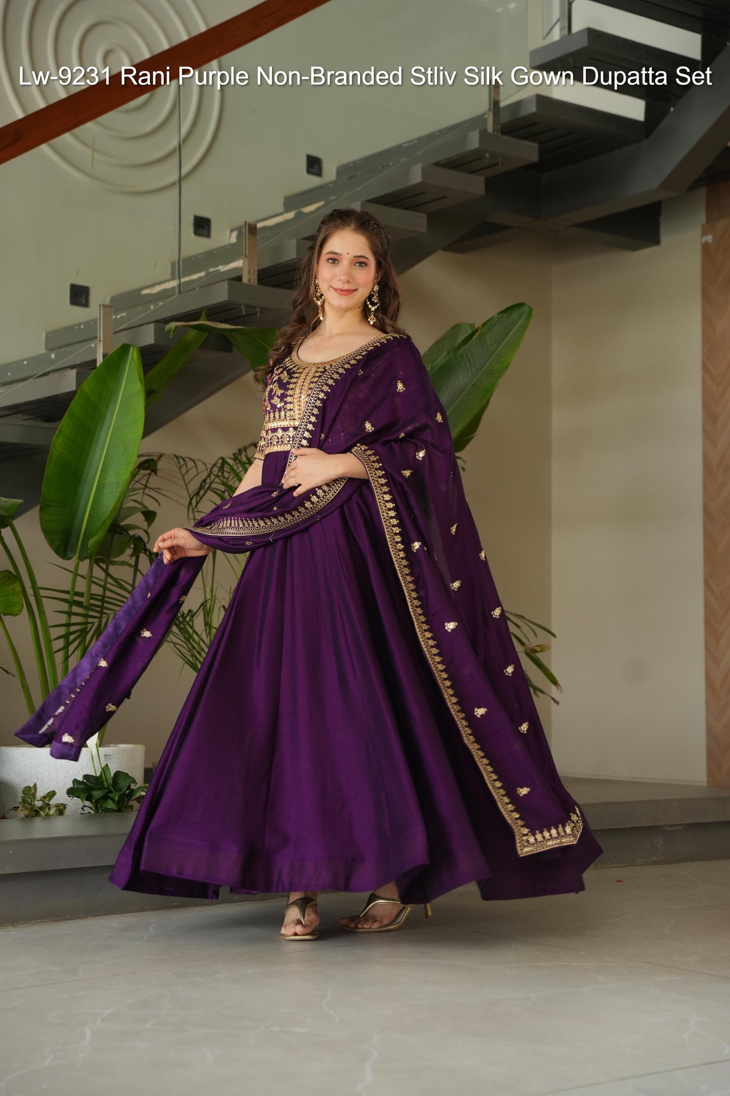 Lw-9231 Rani Purple Non-Branded Stliv Silk Gown Dupatta Set