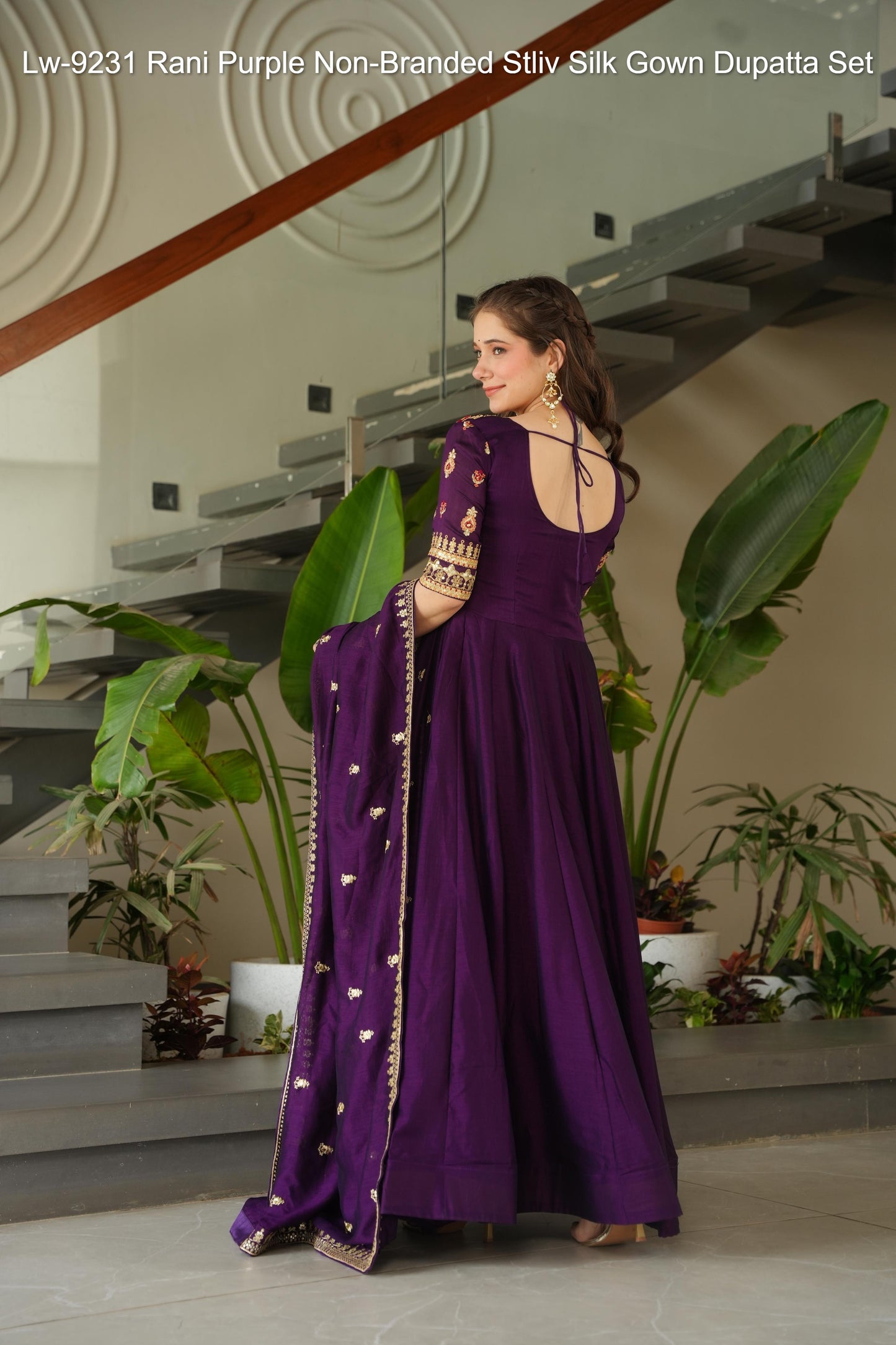 Lw-9231 Rani Purple Non-Branded Stliv Silk Gown Dupatta Set