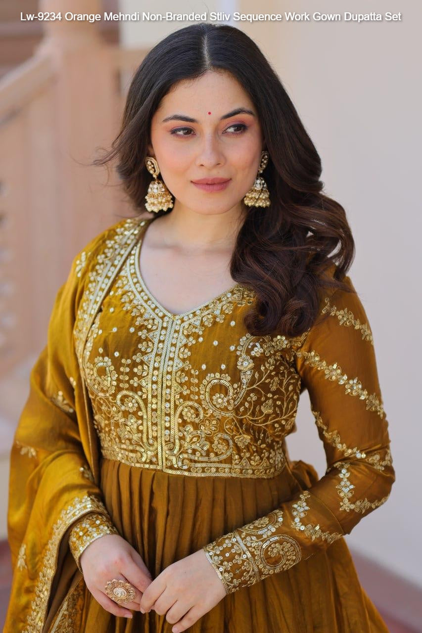 Lw-9234 Orange Mehndi Non-Branded Stliv Sequence Work Gown Dupatta Set