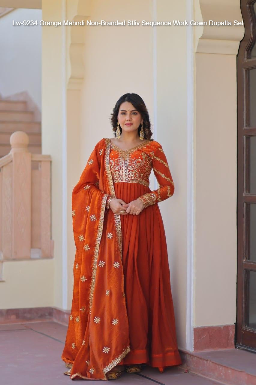 Lw-9234 Orange Mehndi Non-Branded Stliv Sequence Work Gown Dupatta Set