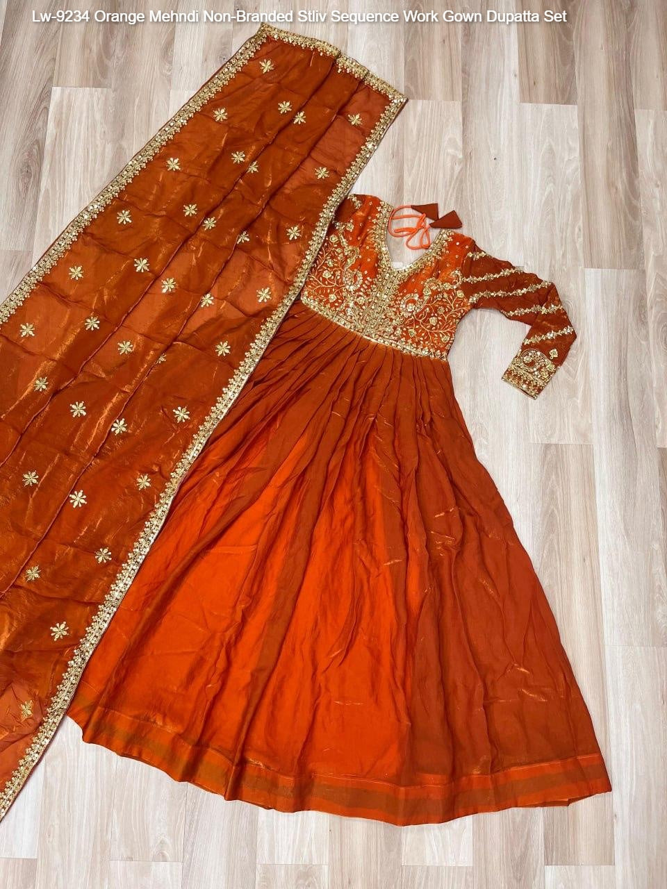 Lw-9234 Orange Mehndi Non-Branded Stliv Sequence Work Gown Dupatta Set