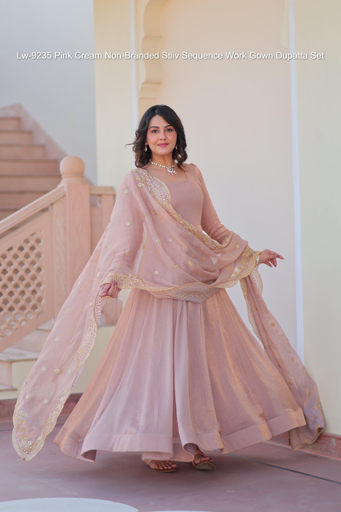 Lw-9235 Pink Cream Non-Branded Stliv Sequence Work Gown Dupatta Set
