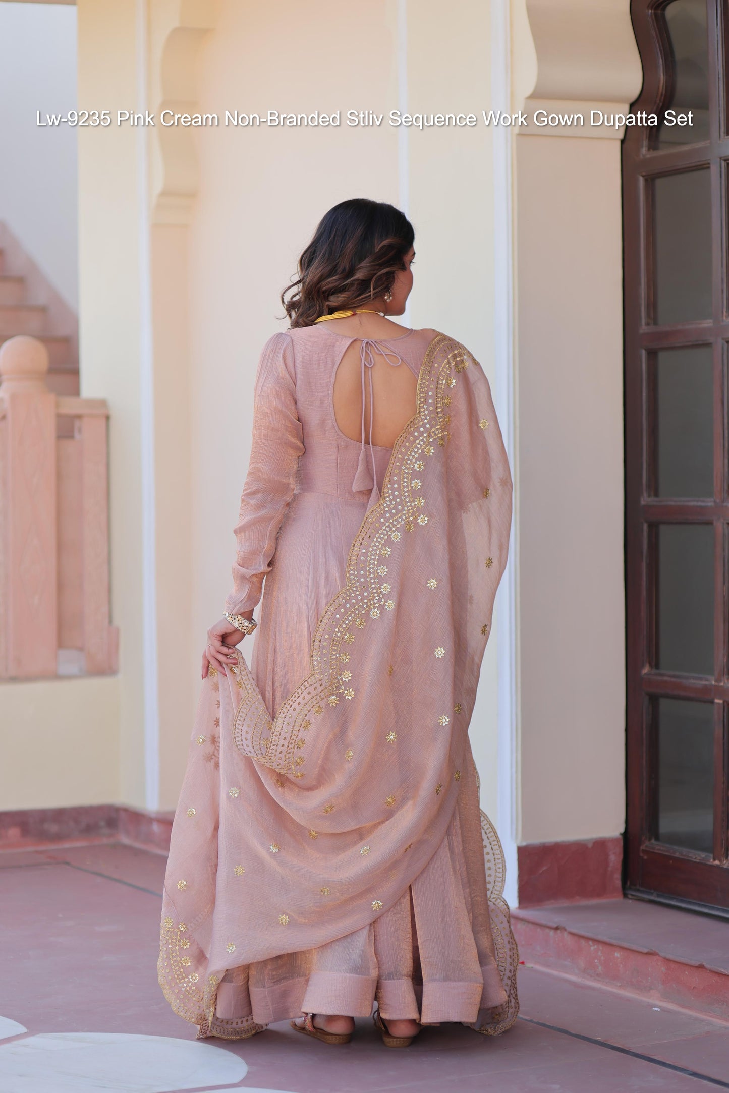 Lw-9235 Pink Cream Non-Branded Stliv Sequence Work Gown Dupatta Set