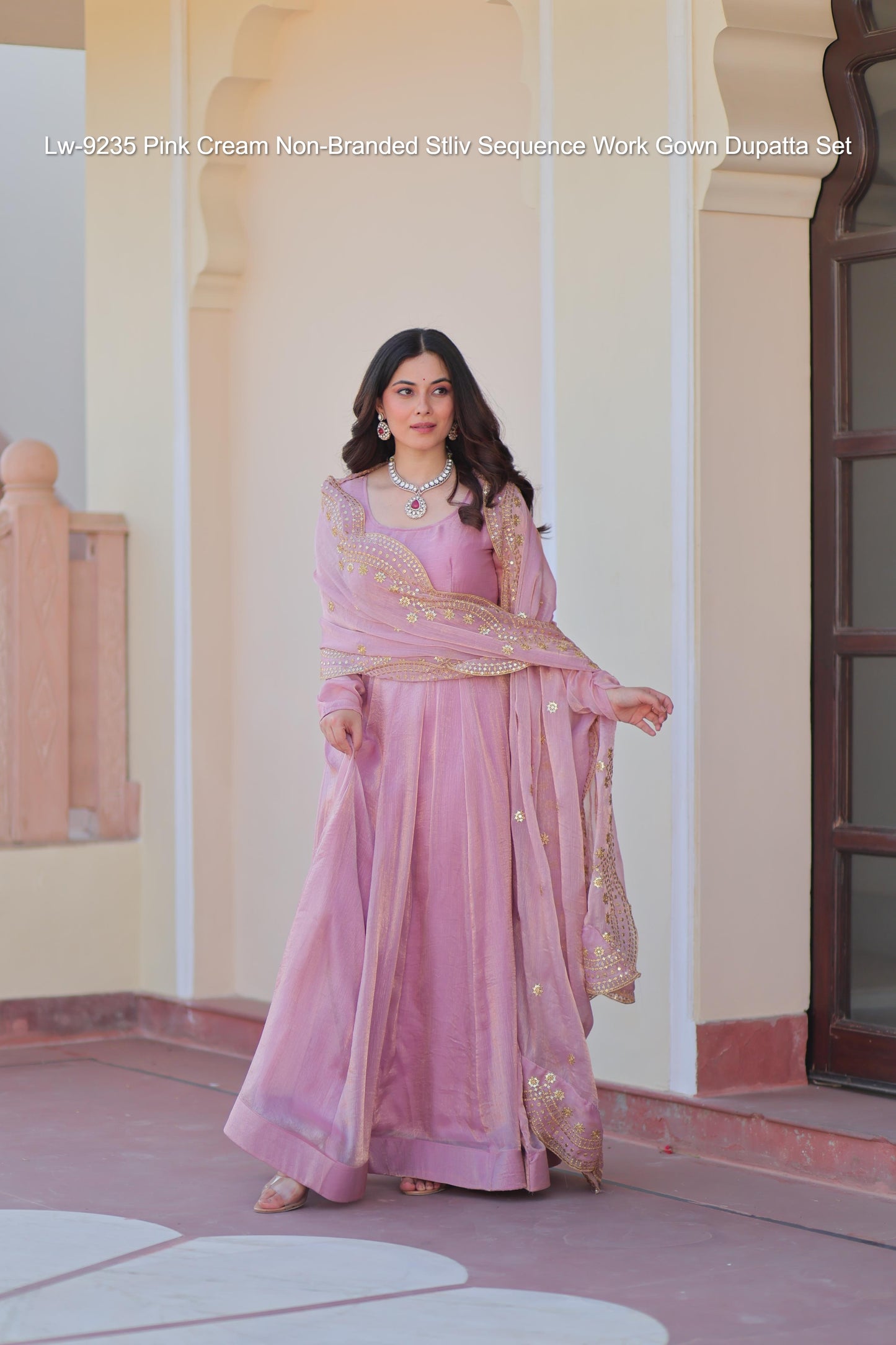 Lw-9235 Pink Cream Non-Branded Stliv Sequence Work Gown Dupatta Set