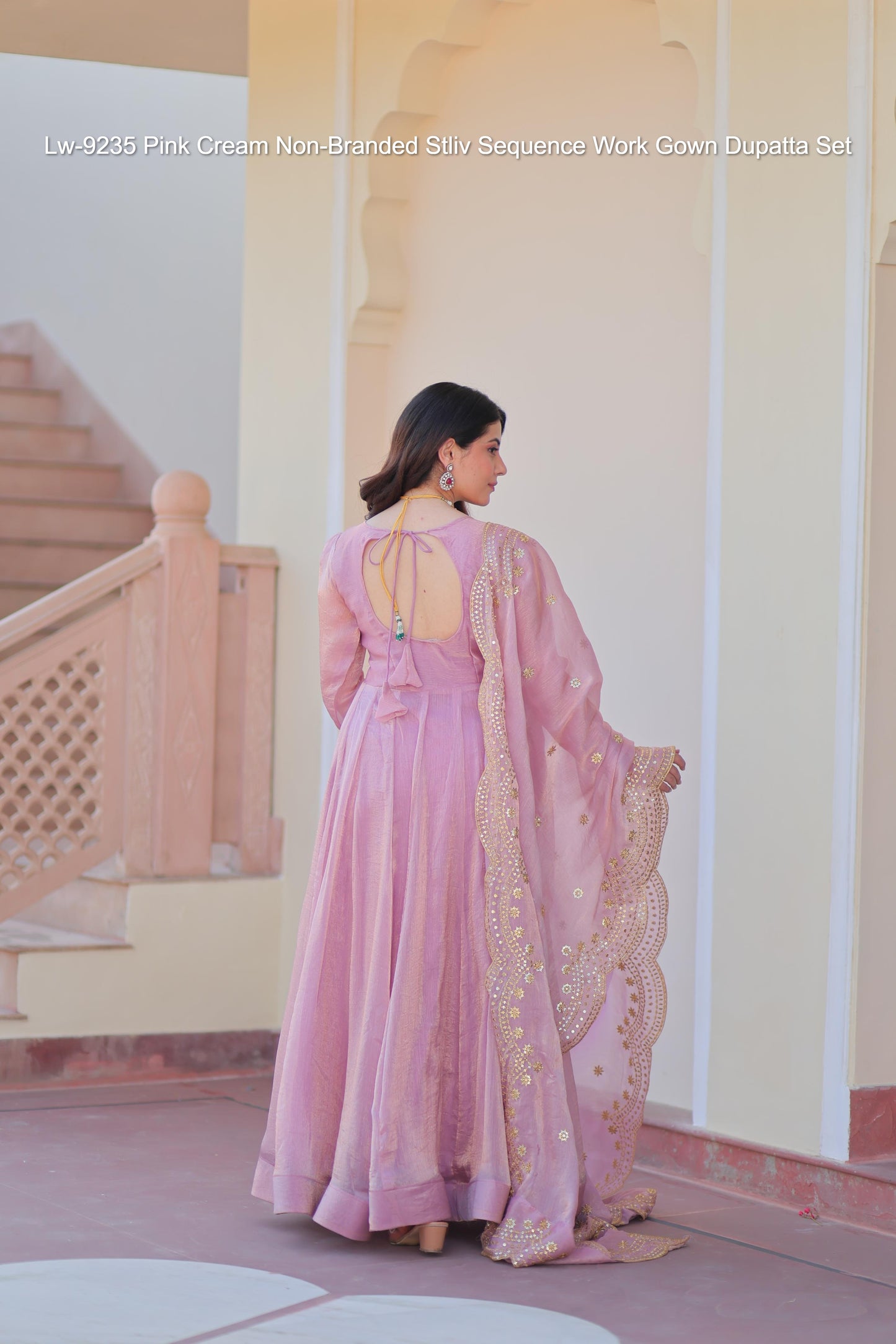 Lw-9235 Pink Cream Non-Branded Stliv Sequence Work Gown Dupatta Set