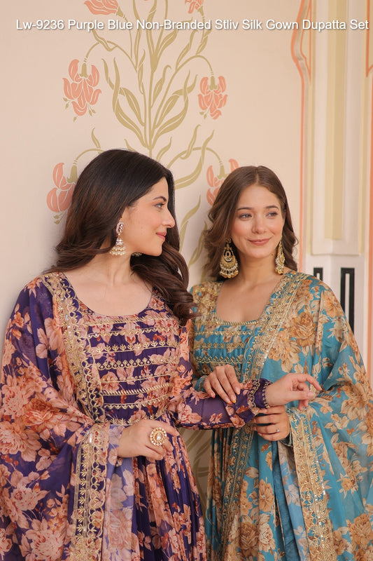 Lw-9236 Purple Blue Non-Branded Stliv Silk Gown Dupatta Set