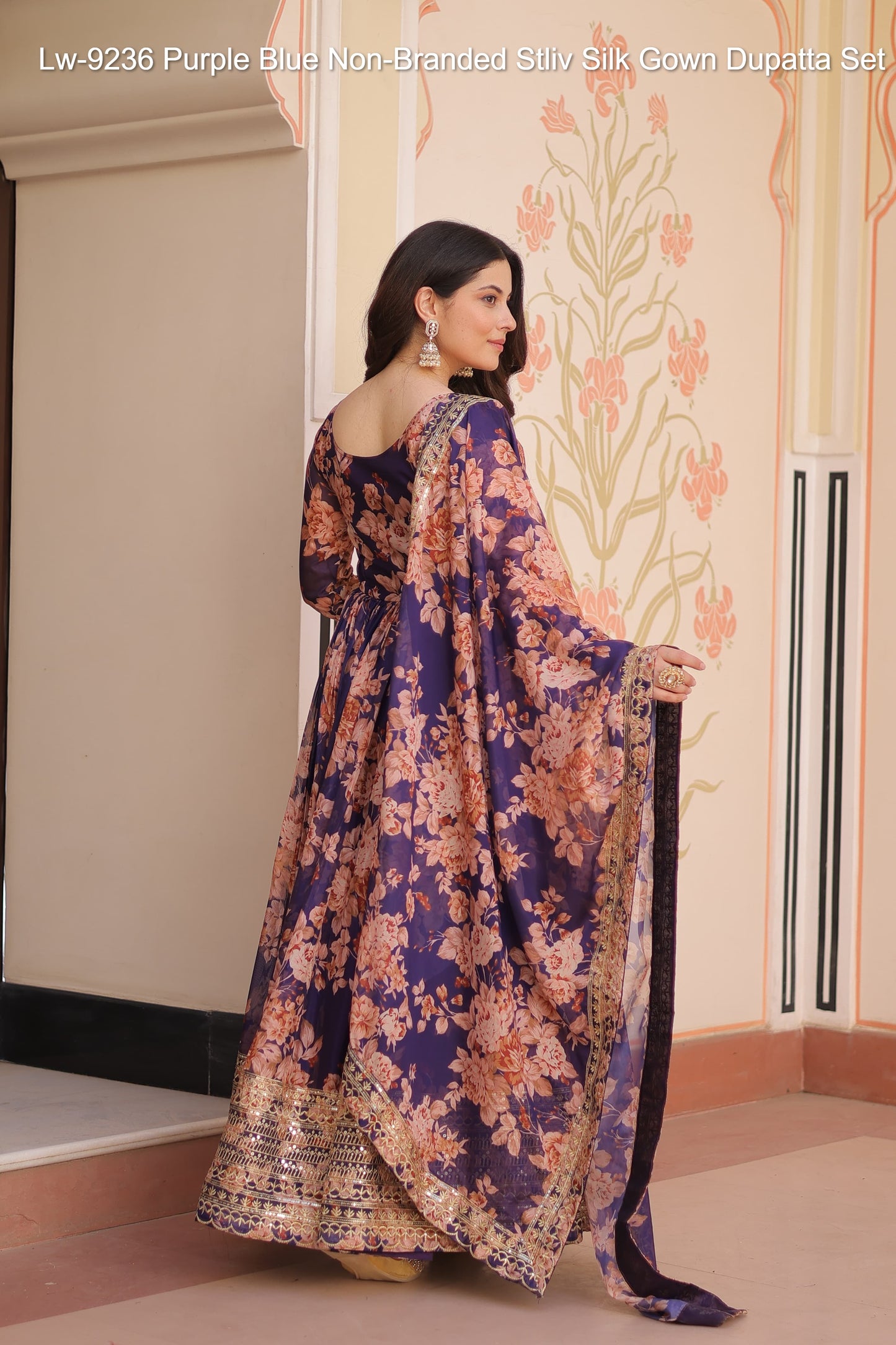 Lw-9236 Purple Blue Non-Branded Stliv Silk Gown Dupatta Set